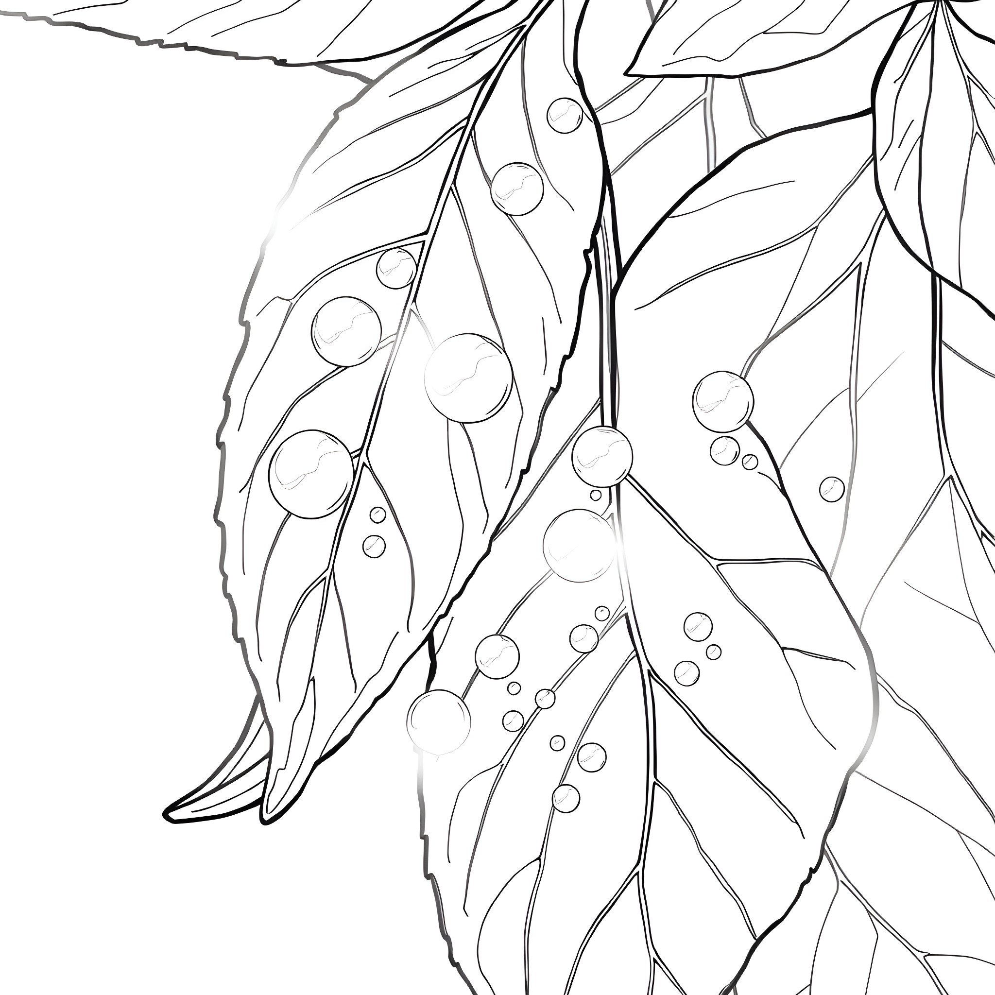 Leaf patterns with water droplets Coloring Page (free black-and-white line drawing printable PDF for all, from beginners to advanced learners, including children, teens, adults, and seniors)