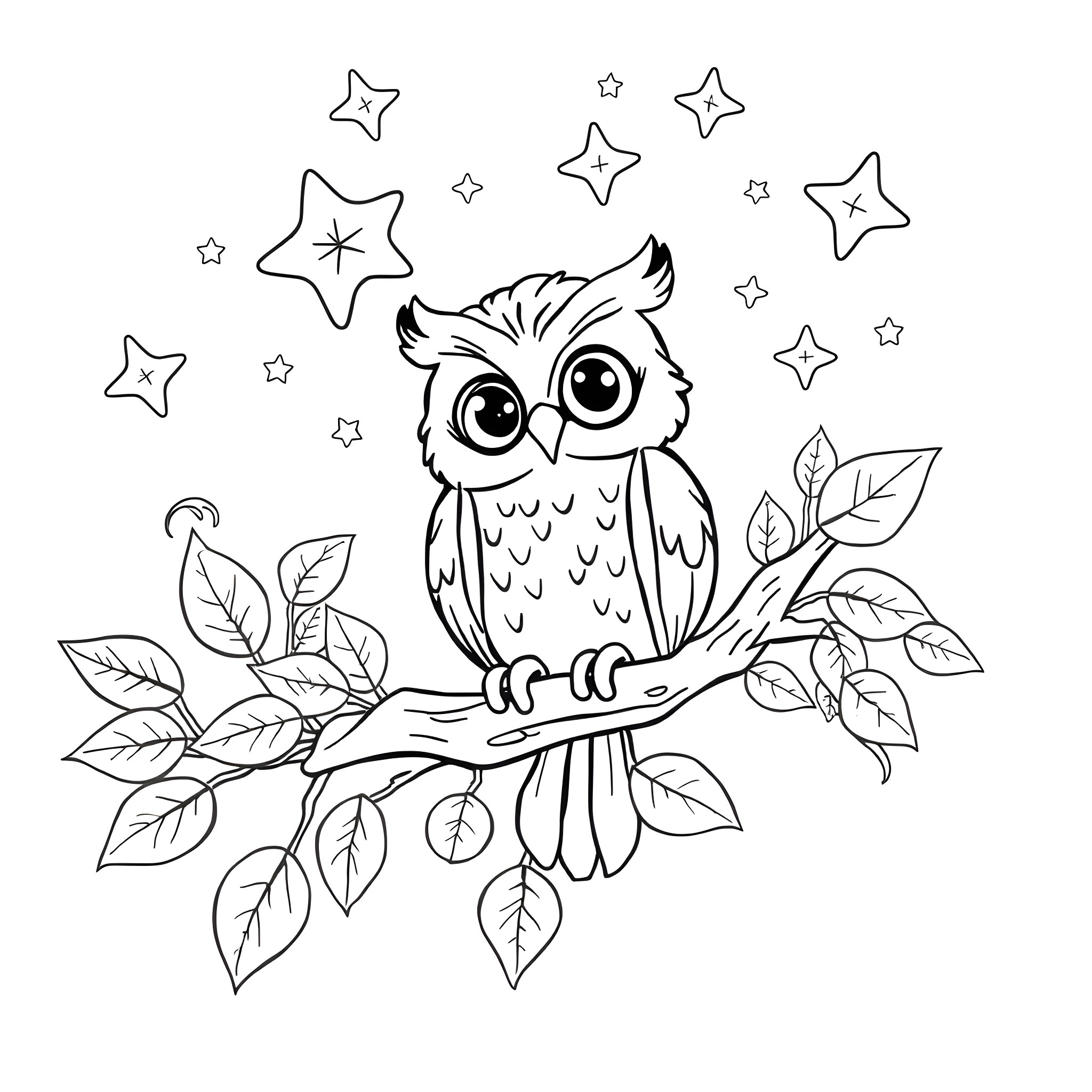 Owl perched on branch surrounded by stars Coloring Page (free black-and-white line drawing printable PDF for all, from beginners to advanced learners, including children, teens, adults, and seniors)