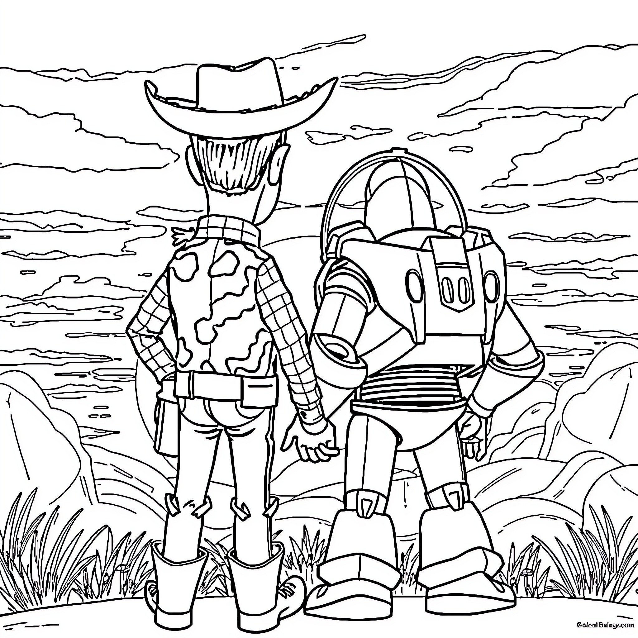 Woody and Buzz in an adventurous outdoor setting Coloring Page (free black-and-white line drawing printable PDF for all, from beginners to advanced learners, including children, teens, adults, and seniors)