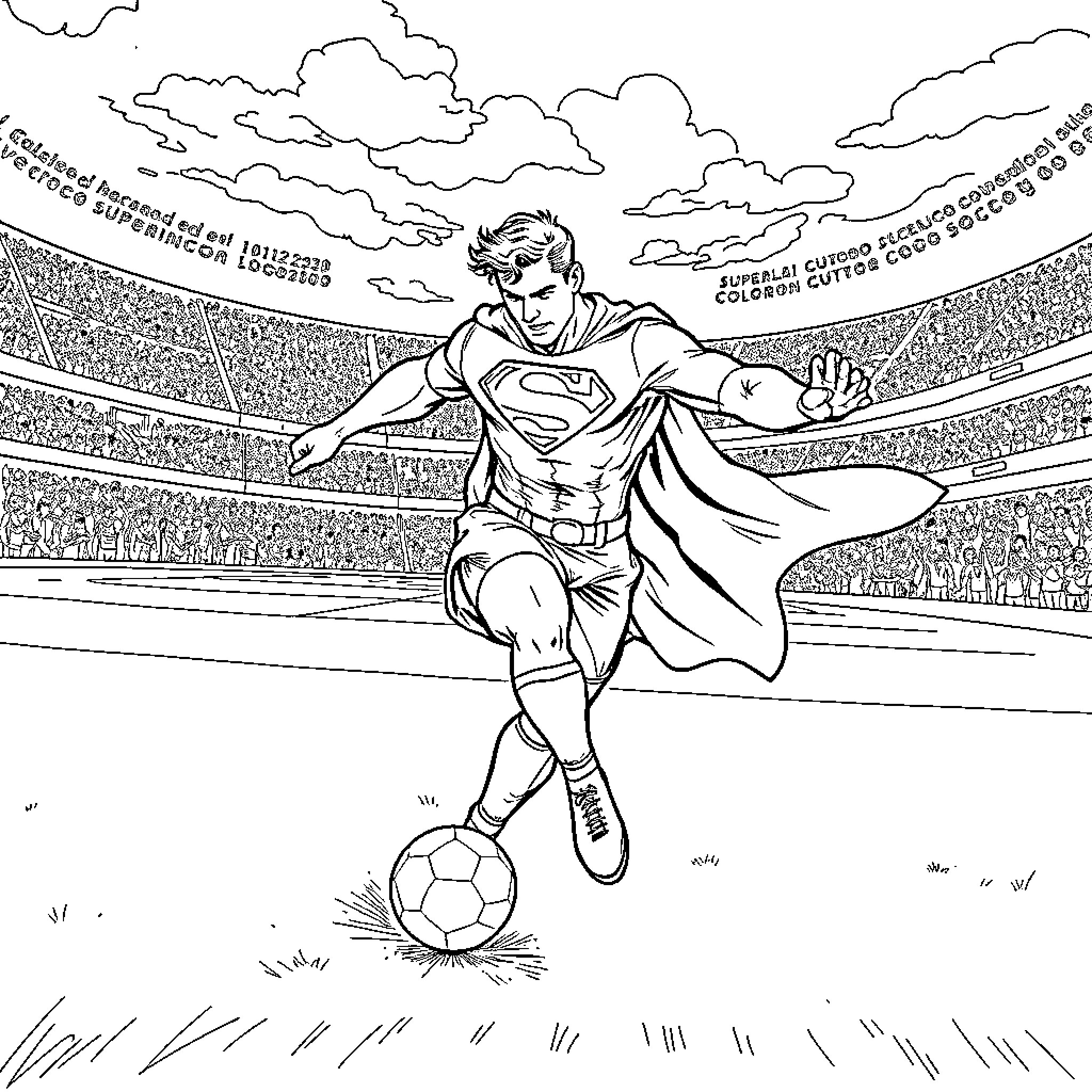 Superman Plays Football in Stadium Coloring Page (free black-and-white line drawing printable PDF for all, from beginners to advanced learners, including children, teens, adults, and seniors)