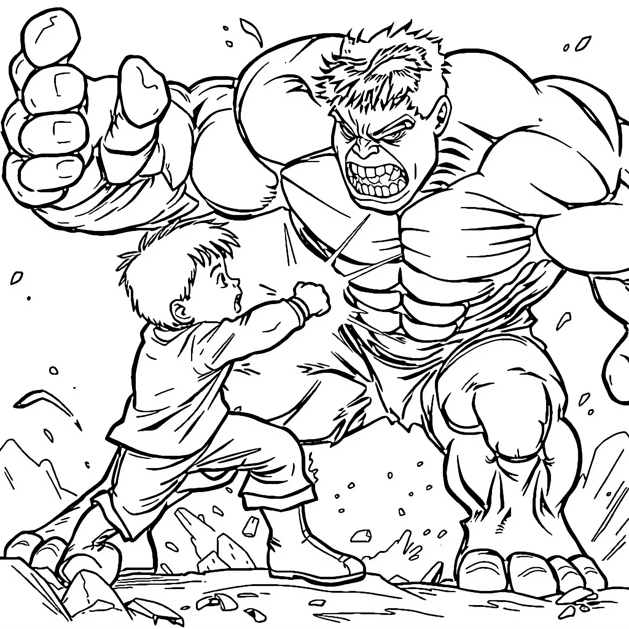Child confronting a fearsome creature Coloring Page (free black-and-white line drawing printable PDF for all, from beginners to advanced learners, including children, teens, adults, and seniors)
