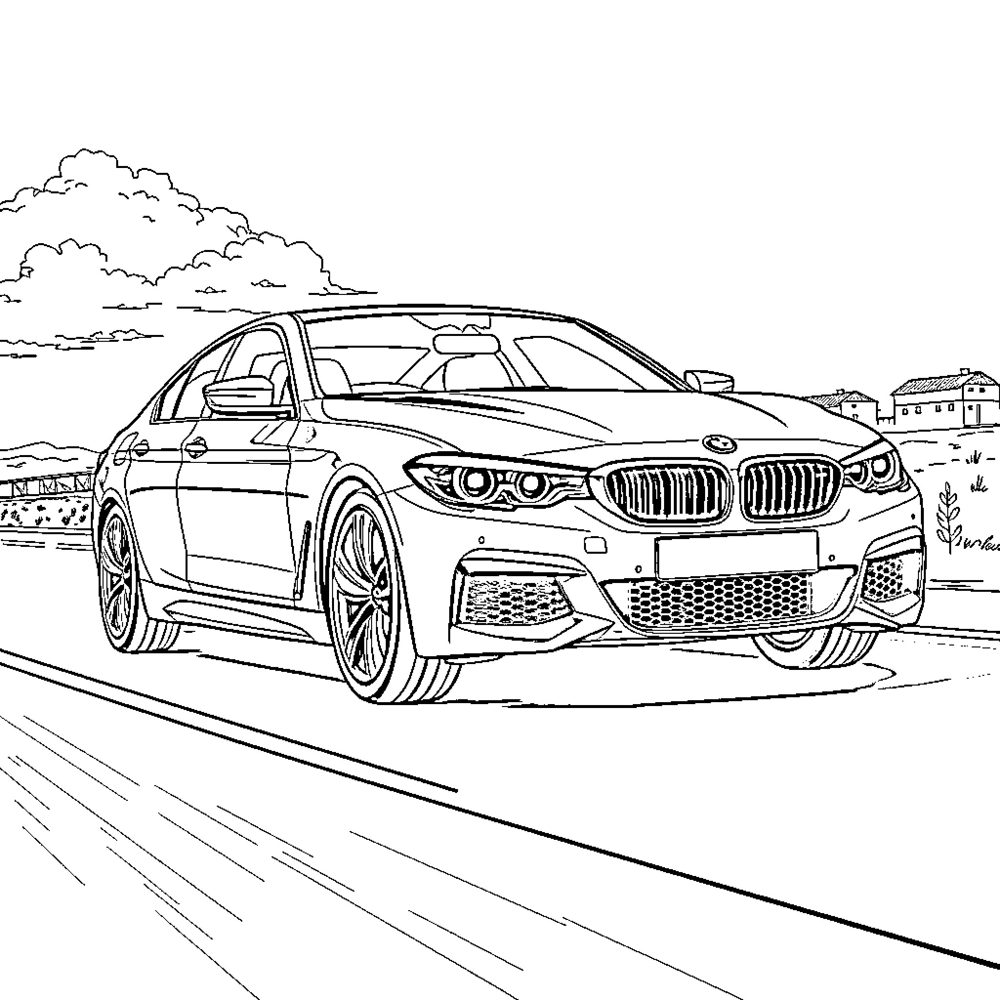 BMW racing on a scenic road Coloring Page (free black-and-white line drawing printable PDF for all, from beginners to advanced learners, including children, teens, adults, and seniors)