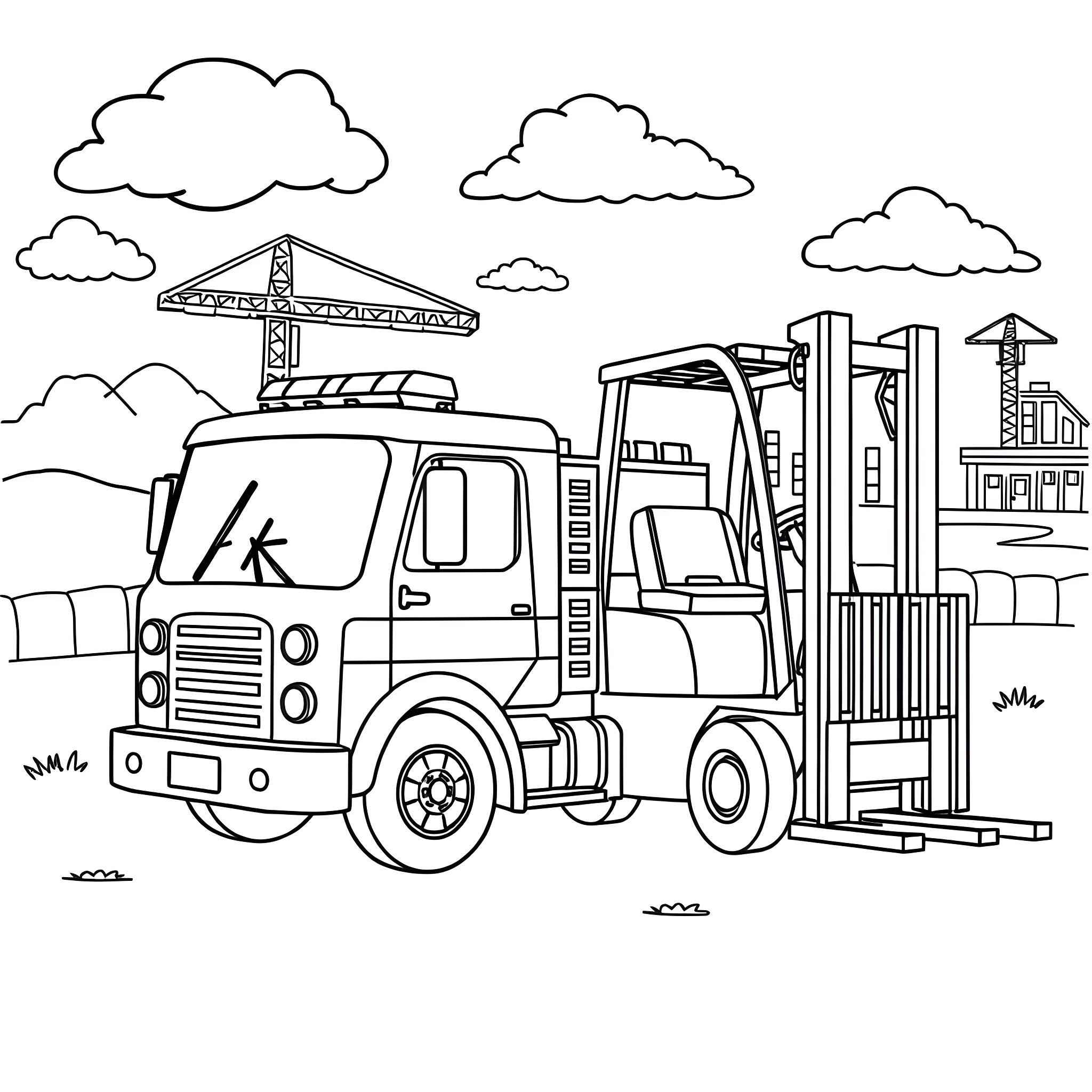 Firetruck at Construction Site with Cranes Coloring Page (free black-and-white line drawing printable PDF for all, from beginners to advanced learners, including children, teens, adults, and seniors)