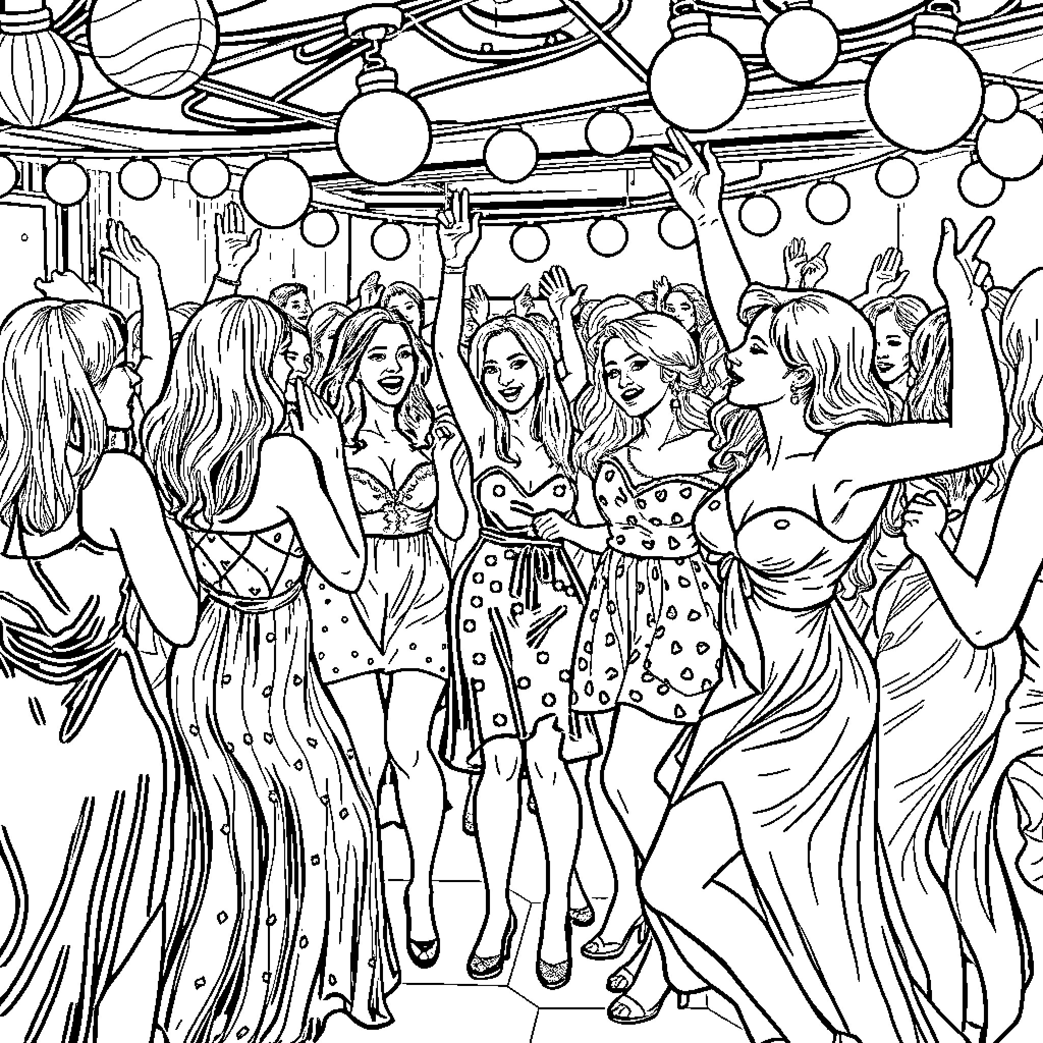 Women dancing and celebrating at a party Coloring Page (free black-and-white line drawing printable PDF for all, from beginners to advanced learners, including children, teens, adults, and seniors)
