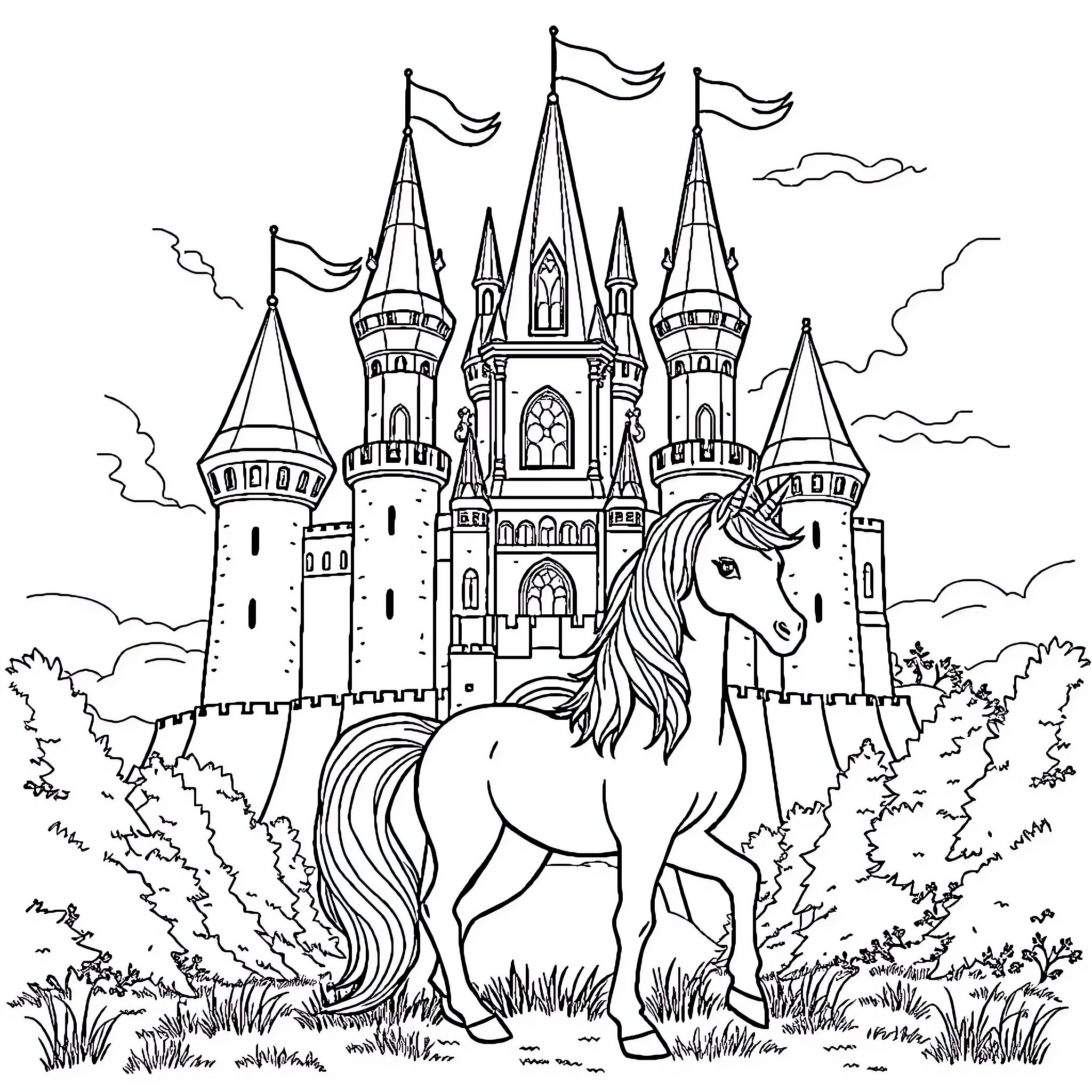 Unicorn Standing in Front of Majestic Castle Coloring Page (free black-and-white line drawing printable PDF for all, from beginners to advanced learners, including children, teens, adults, and seniors)