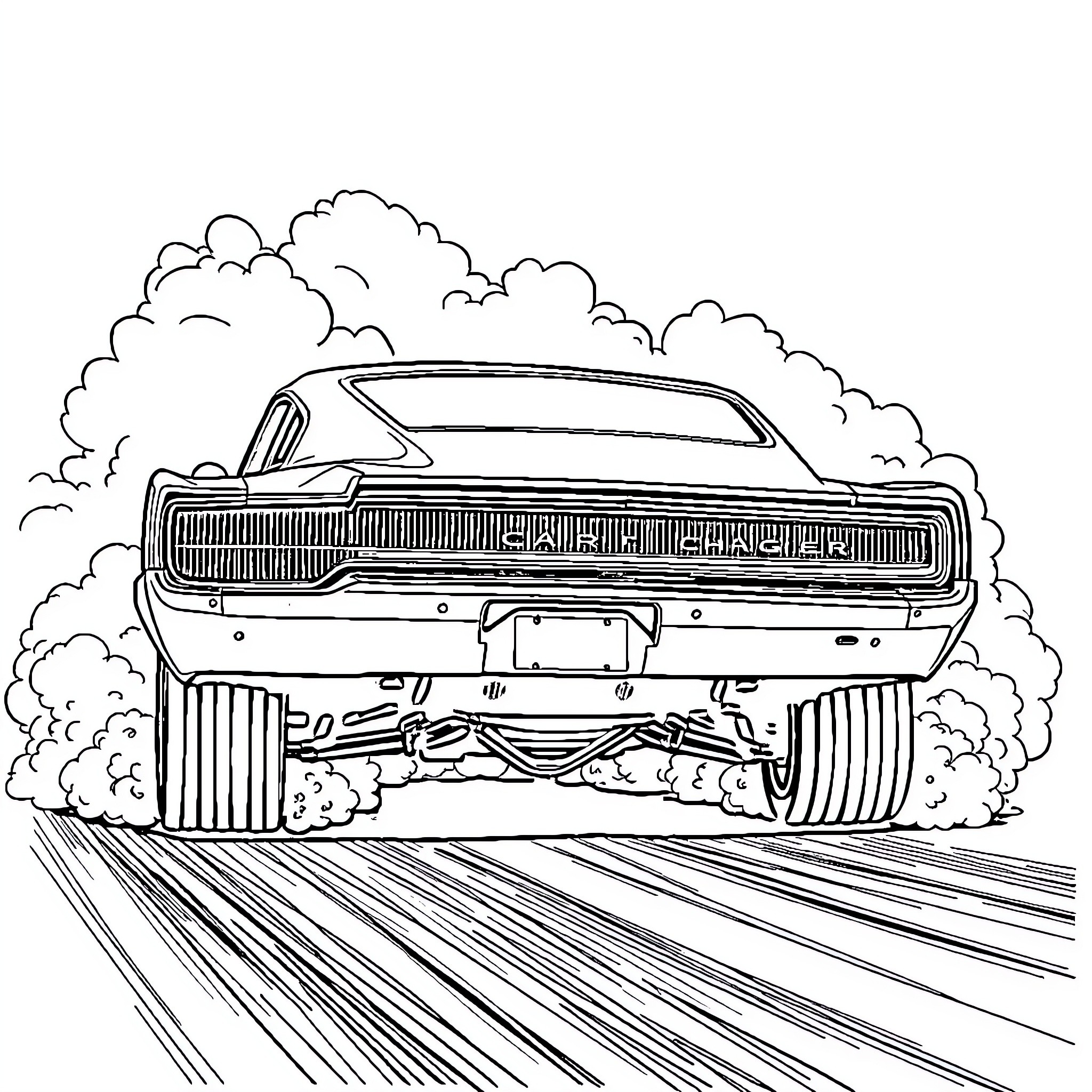 Charger driving at high speed on the road Coloring Page (free black-and-white line drawing printable PDF for all, from beginners to advanced learners, including children, teens, adults, and seniors)