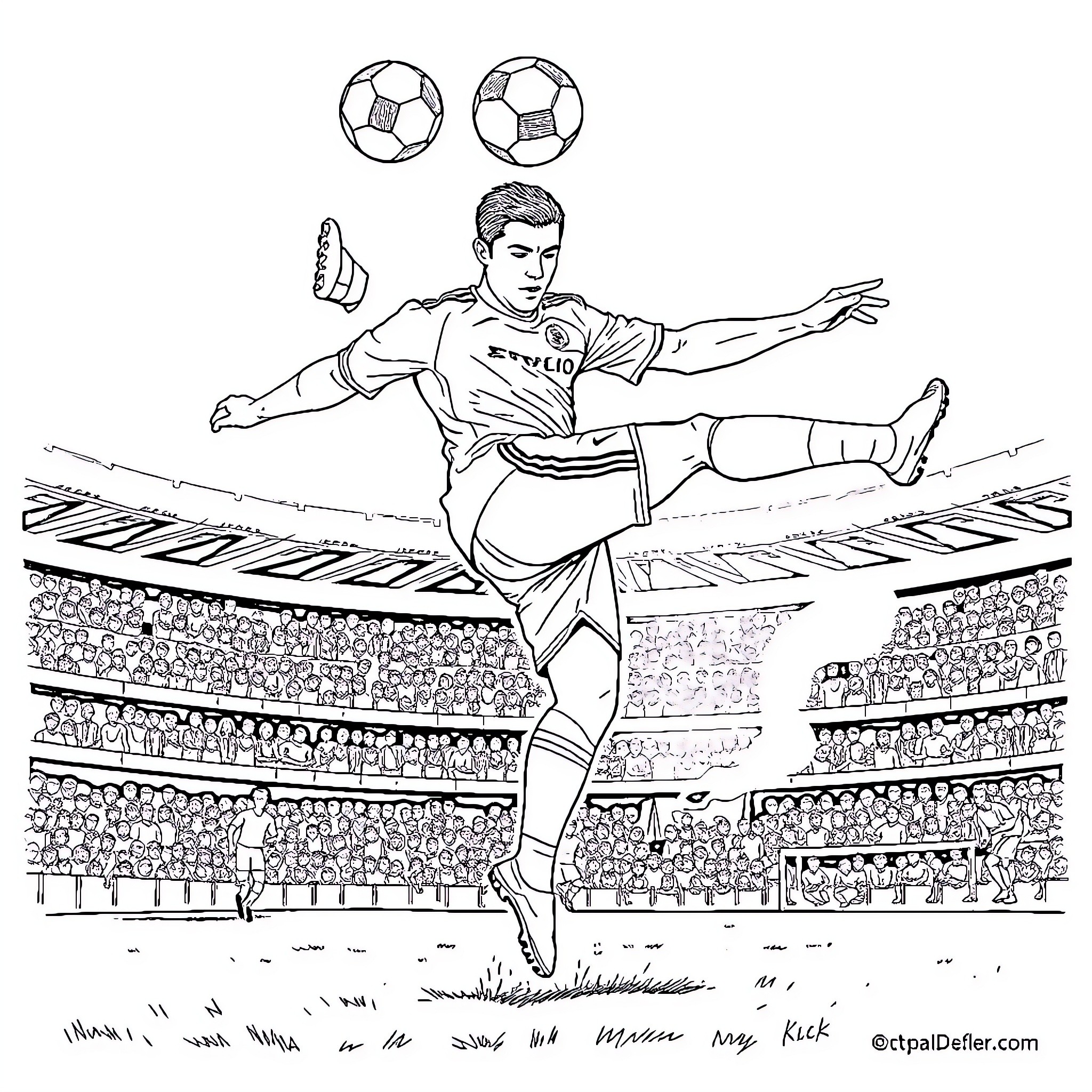 Ronaldo's acrobatic football skill display on the pitch Coloring Page (free black-and-white line drawing printable PDF for all, from beginners to advanced learners, including children, teens, adults, and seniors)