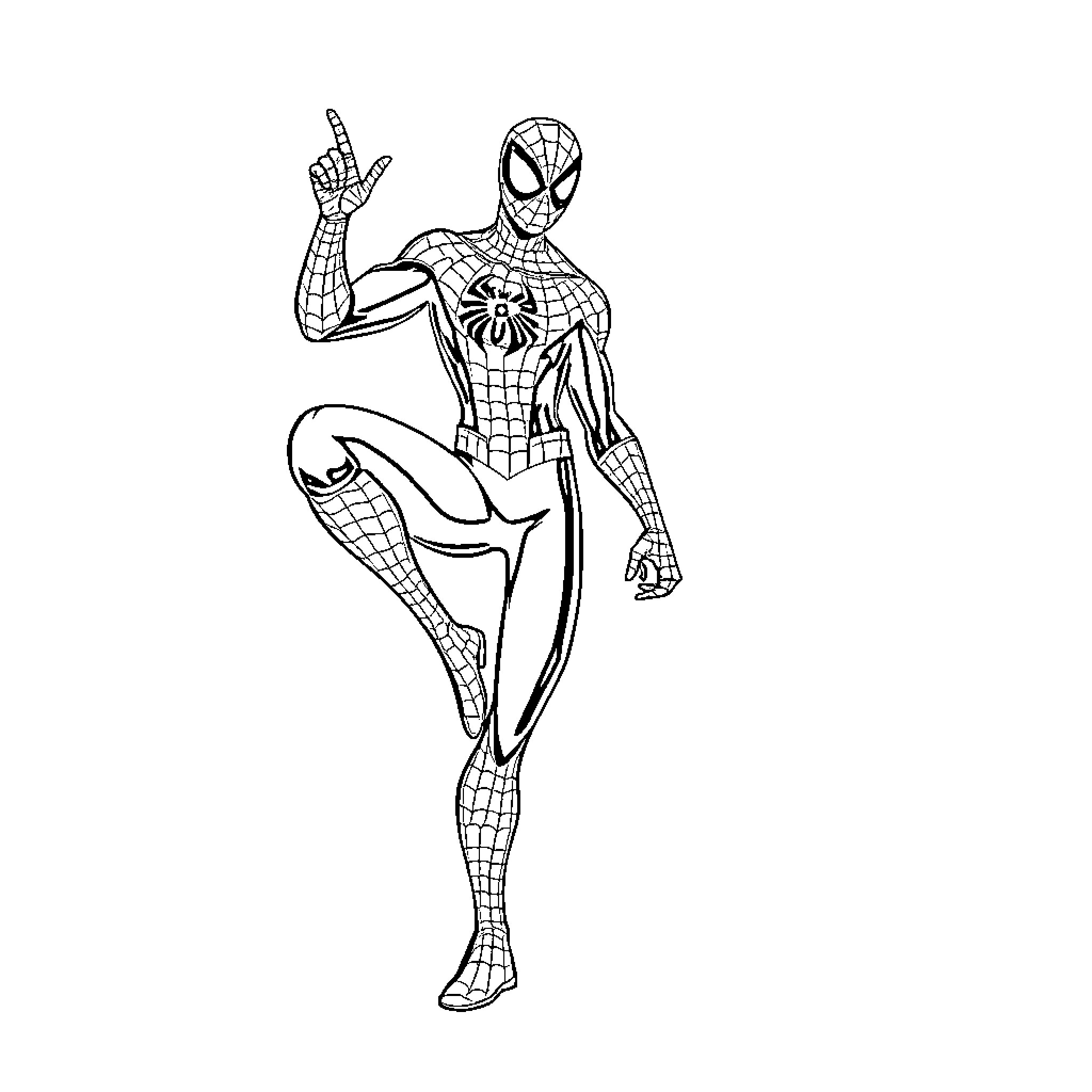 Spider-Man posing in a dynamic action stance Coloring Page (free black-and-white line drawing printable PDF for all, from beginners to advanced learners, including children, teens, adults, and seniors)