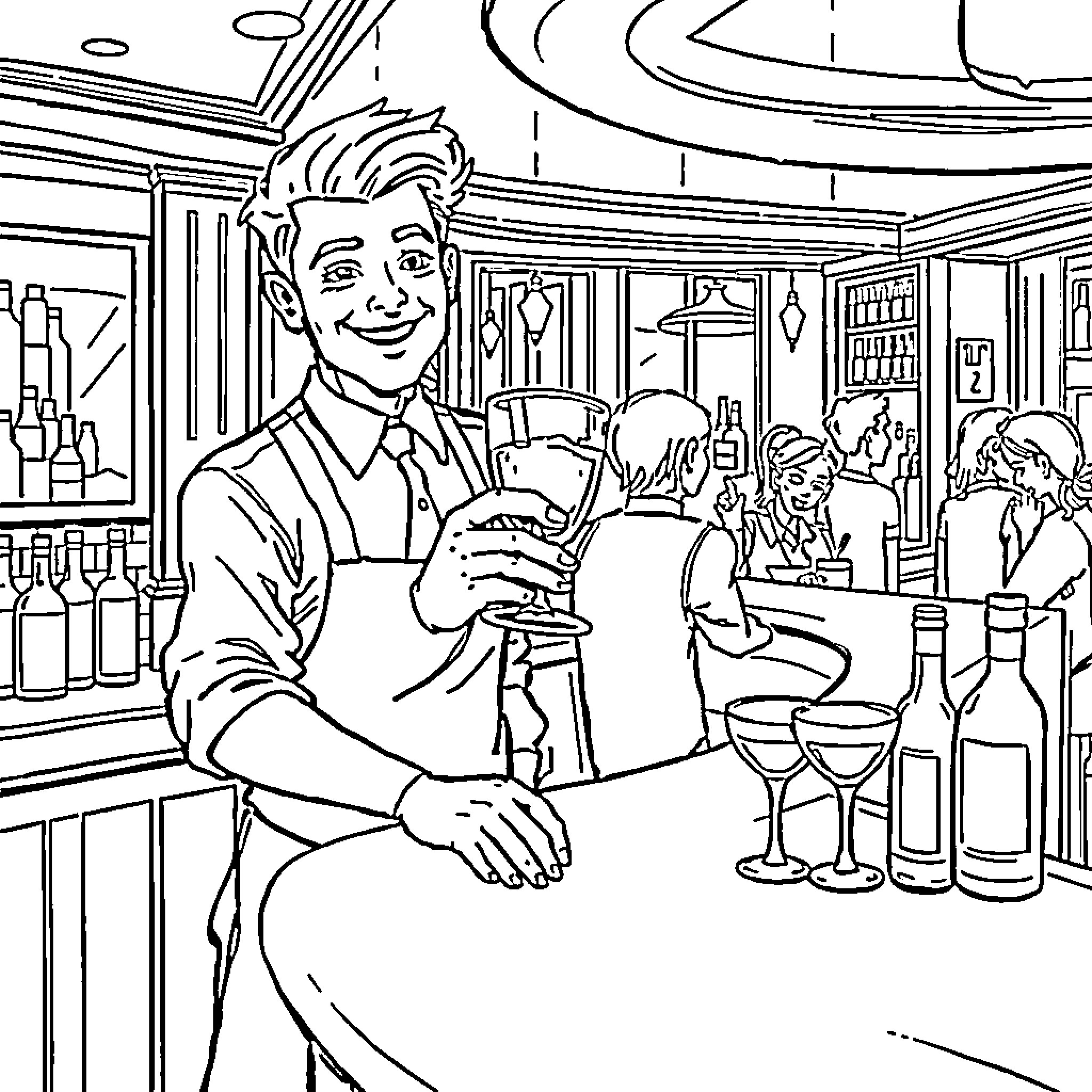 Bartender serving drinks in a lively bar scene Coloring Page (free black-and-white line drawing printable PDF for all, from beginners to advanced learners, including children, teens, adults, and seniors)