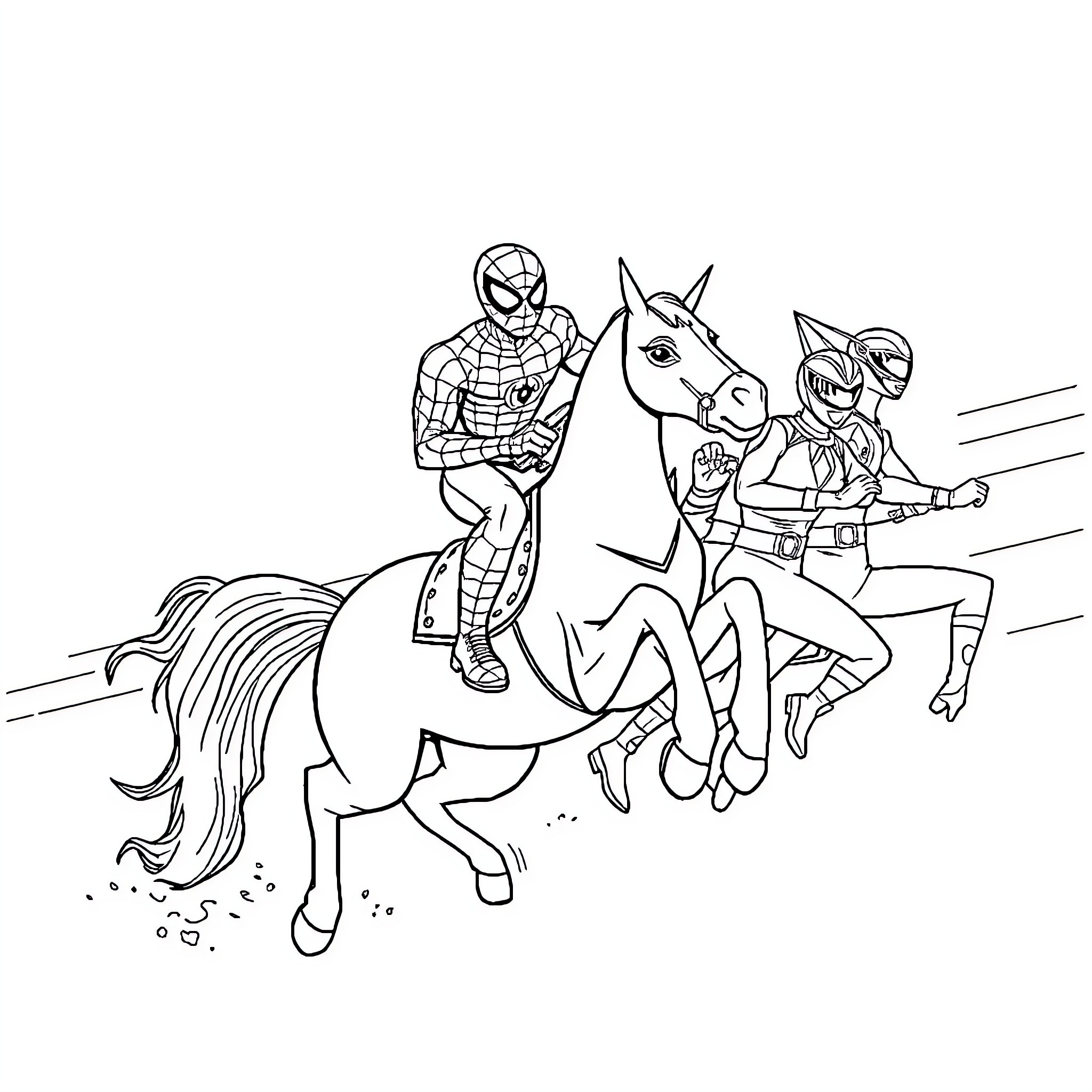 Spiderman and friends riding on a horse Coloring Page (free black-and-white line drawing printable PDF for all, from beginners to advanced learners, including children, teens, adults, and seniors)