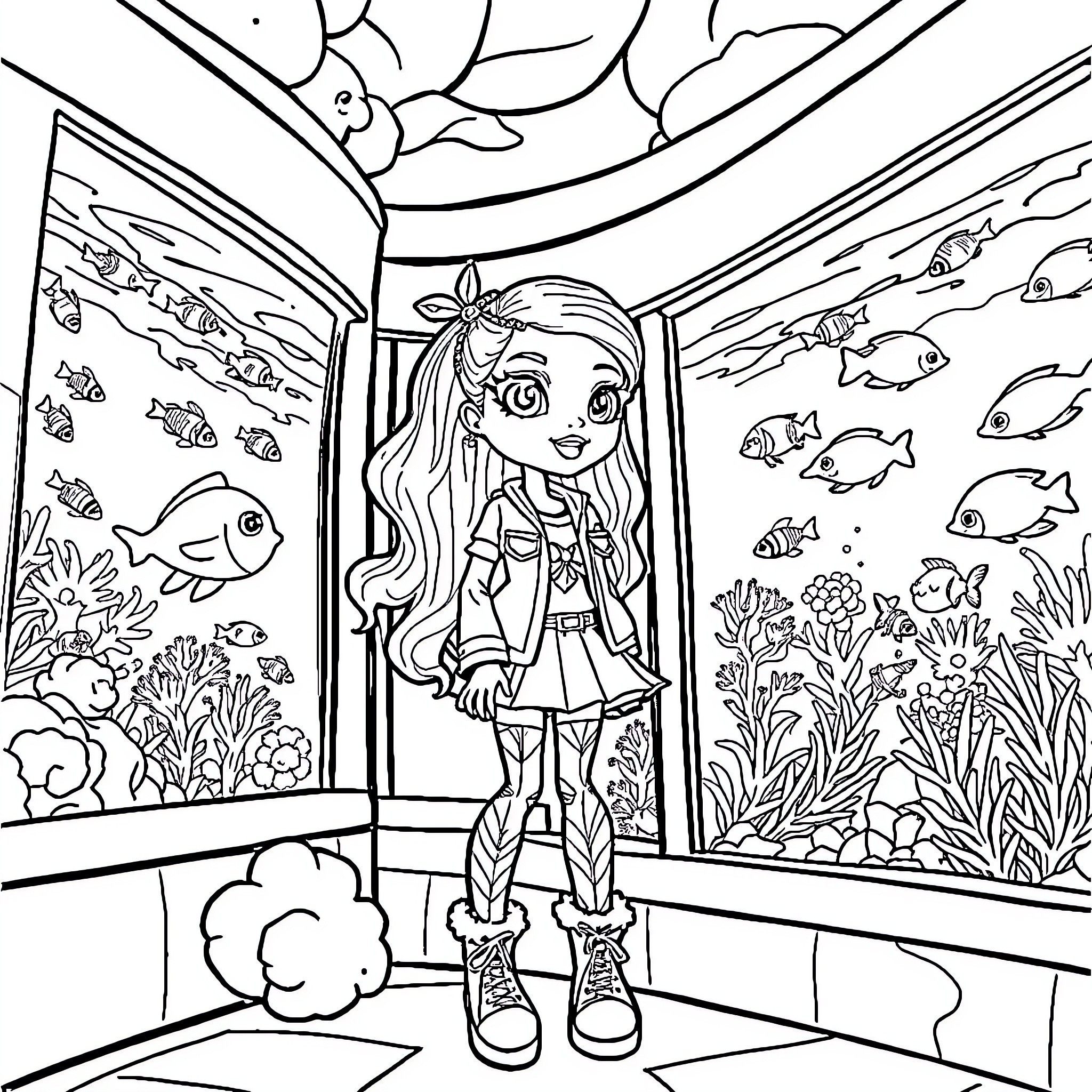 Bratz enjoying an aquarium adventure Coloring Page (free black-and-white line drawing printable PDF for all, from beginners to advanced learners, including children, teens, adults, and seniors)