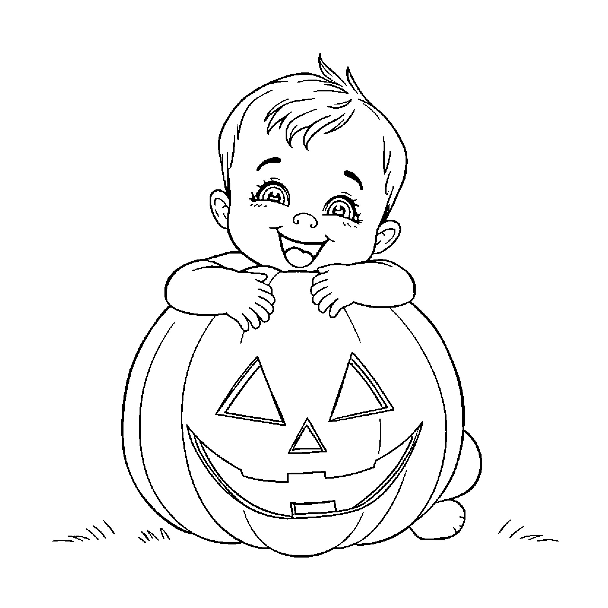 Baby in a Jack-o'-Lantern costume Coloring Page (free black-and-white line drawing printable PDF for all, from beginners to advanced learners, including children, teens, adults, and seniors)