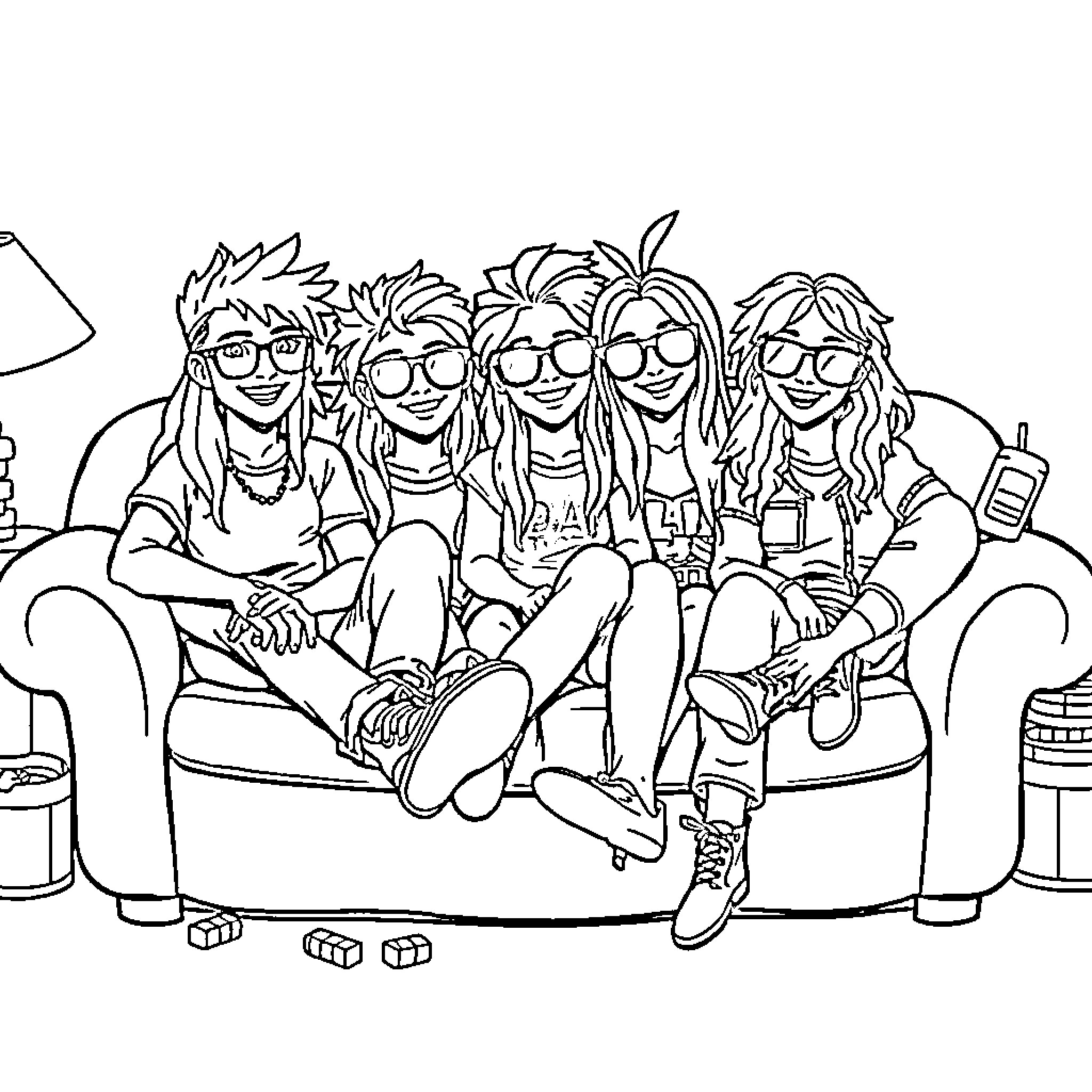 Bratz Girls Relaxing and Hanging Out Together Coloring Page (free black-and-white line drawing printable PDF for all, from beginners to advanced learners, including children, teens, adults, and seniors)