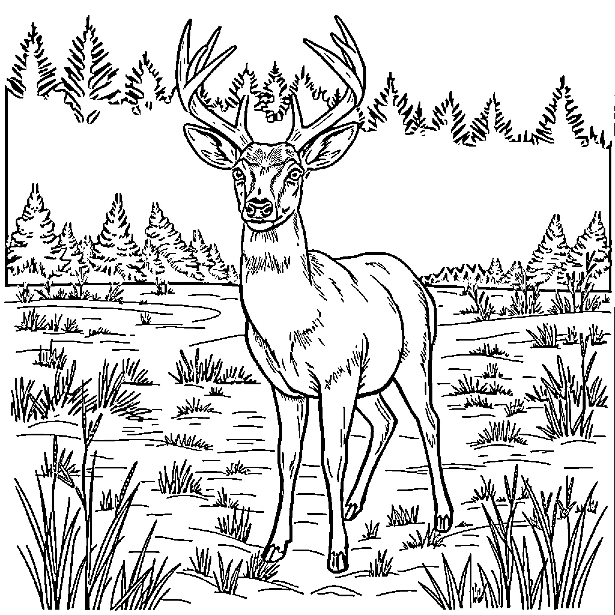 Deer standing in a forest clearing Coloring Page (free black-and-white line drawing printable PDF for all, from beginners to advanced learners, including children, teens, adults, and seniors)