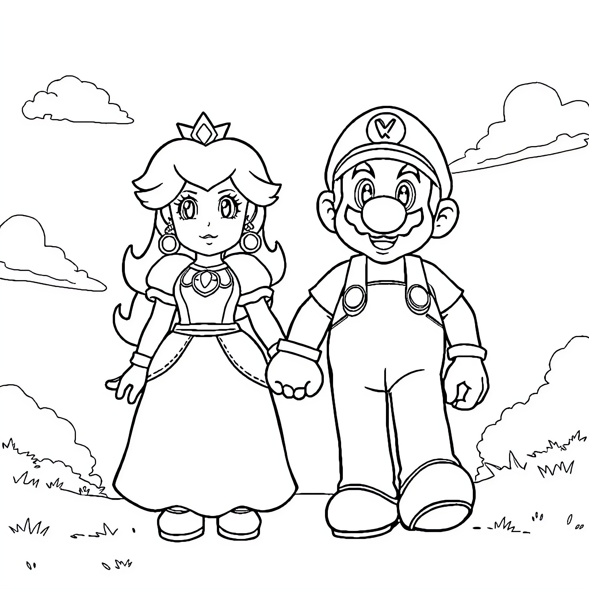 Mario and Princess on an Adventure Coloring Page (free black-and-white line drawing printable PDF for all, from beginners to advanced learners, including children, teens, adults, and seniors)
