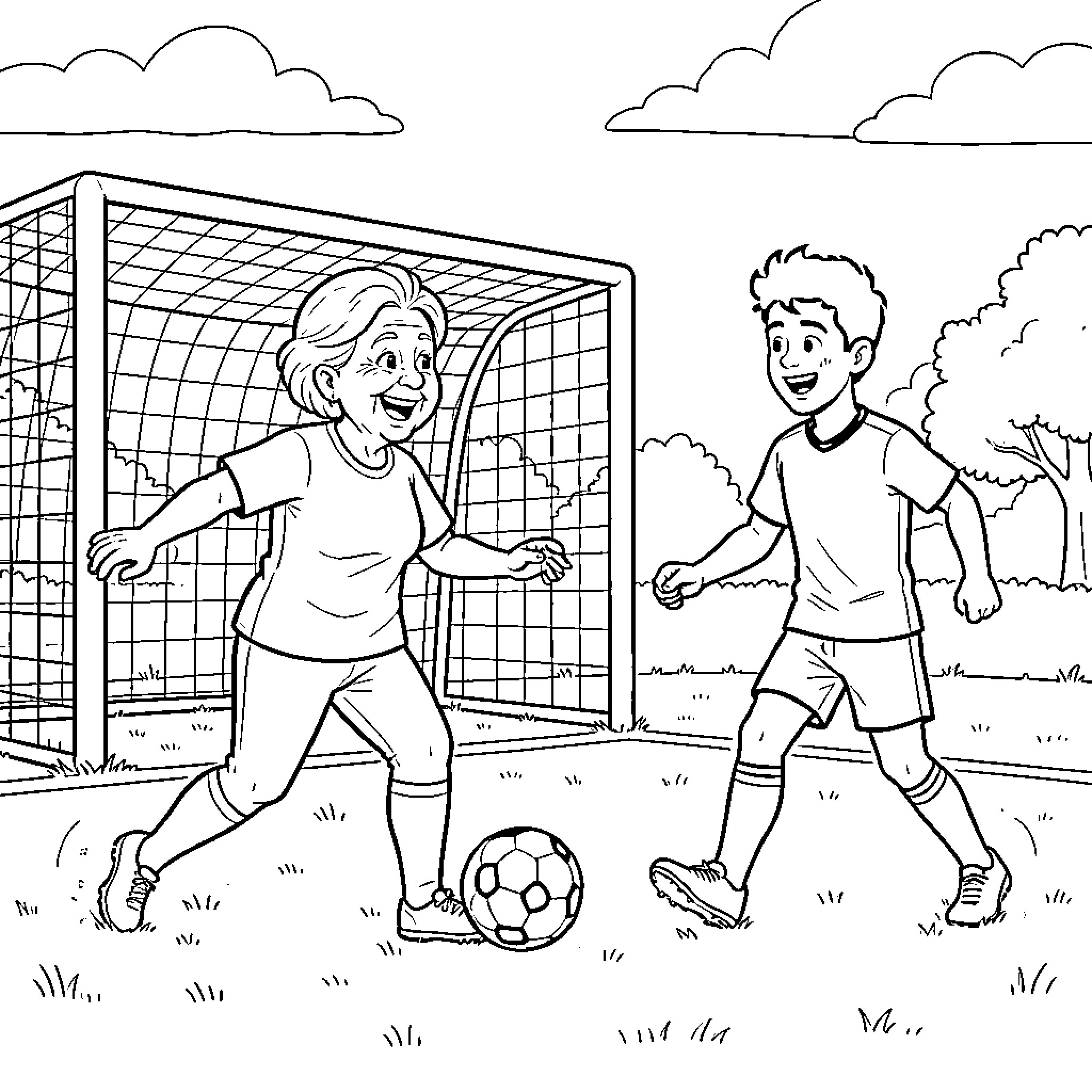 Grandmother playing soccer with a young boy Coloring Page (free black-and-white line drawing printable PDF for all, from beginners to advanced learners, including children, teens, adults, and seniors)