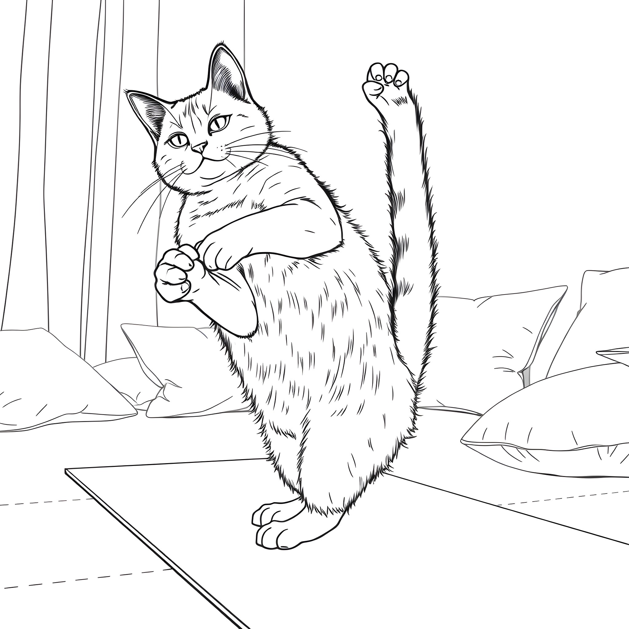 Cat stretching in a cozy indoor scene Coloring Page (free black-and-white line drawing printable PDF for all, from beginners to advanced learners, including children, teens, adults, and seniors)
