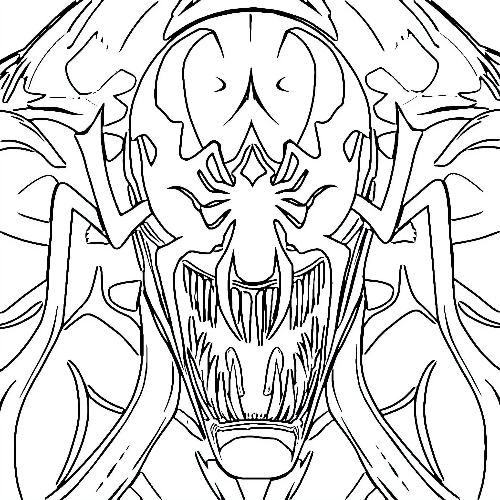 Venom creature's fierce expression and menacing pose Coloring Page (free black-and-white line drawing printable PDF for all, from beginners to advanced learners, including children, teens, adults, and seniors)