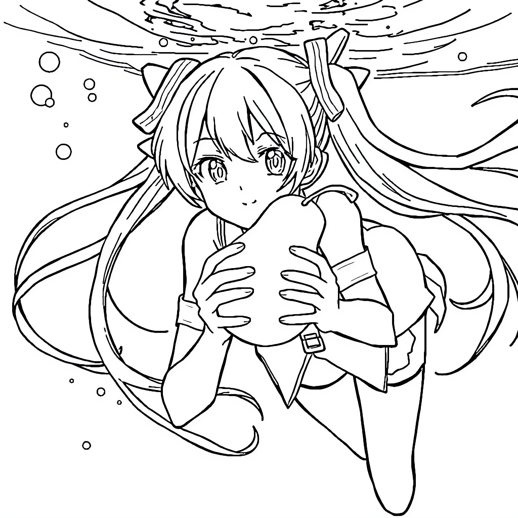Hatsune Miku in a whimsical underwater scene Coloring Page (free black-and-white line drawing printable PDF for all, from beginners to advanced learners, including children, teens, adults, and seniors)