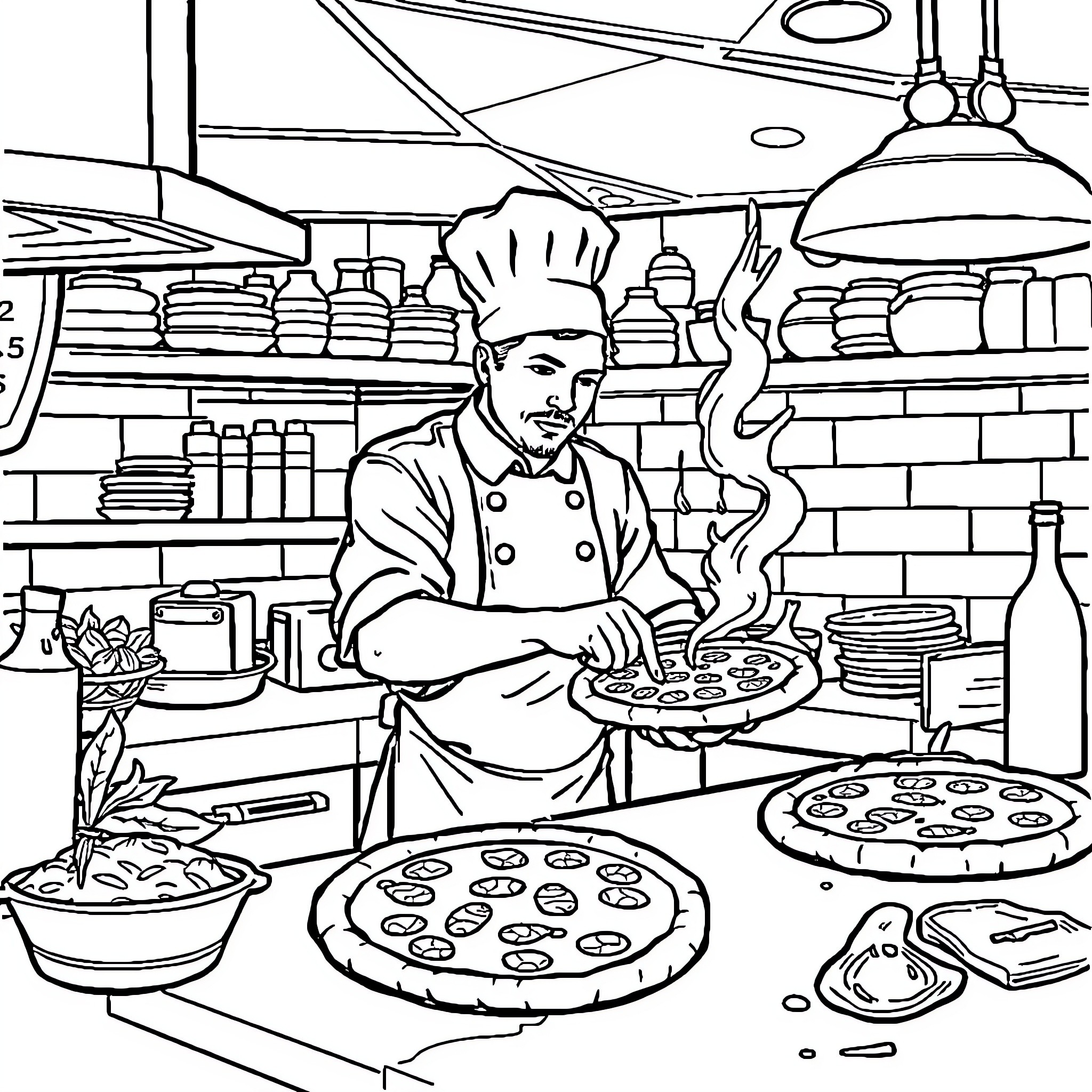 Pizzaiolo preparing pizza in a busy kitchen Coloring Page (free black-and-white line drawing printable PDF for all, from beginners to advanced learners, including children, teens, adults, and seniors)