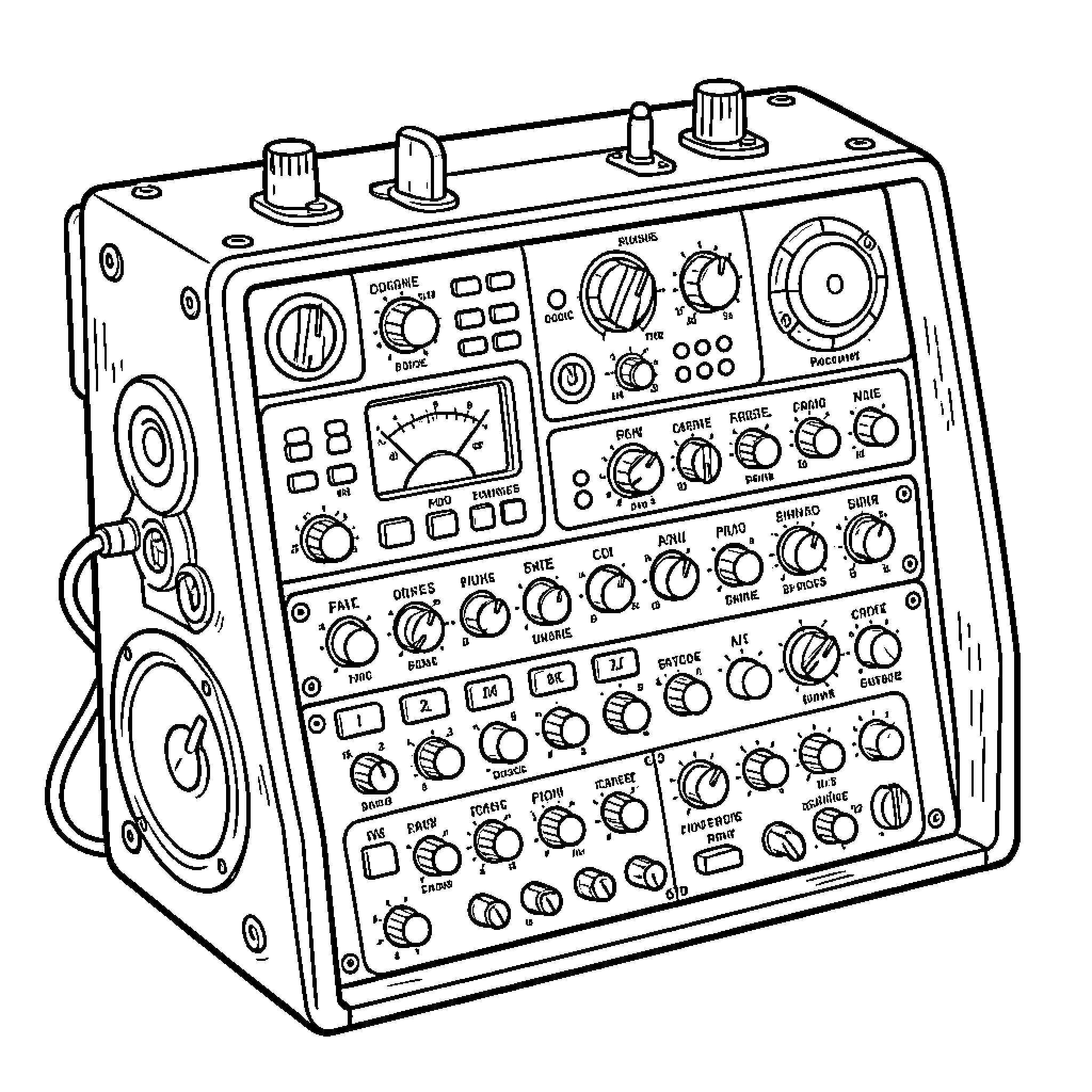Sound Machine with various knobs and control dials Coloring Page (free black-and-white line drawing printable PDF for all, from beginners to advanced learners, including children, teens, adults, and seniors)