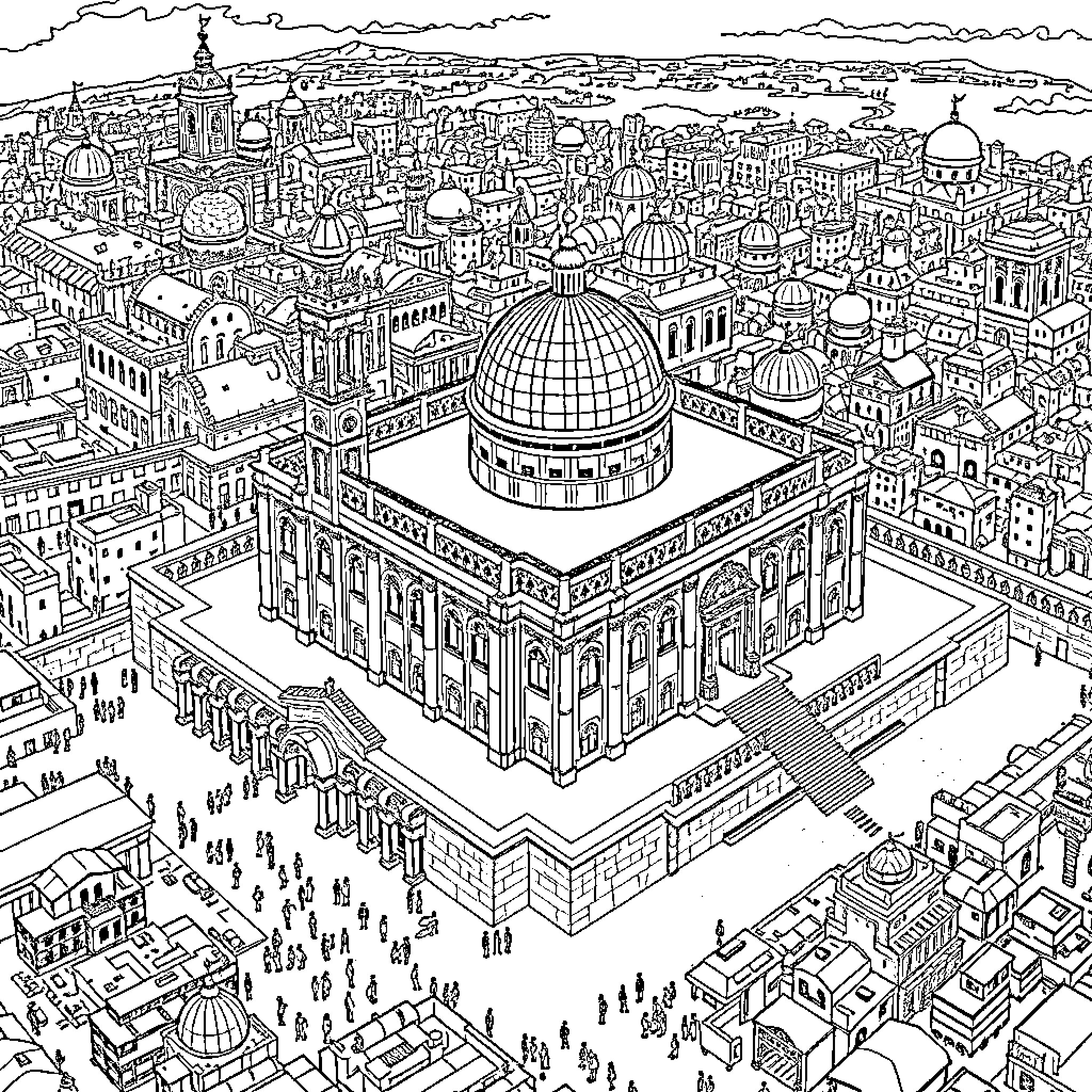 Temple of Majestic Architecture and Bustling City Life Coloring Page (free black-and-white line drawing printable PDF for all, from beginners to advanced learners, including children, teens, adults, and seniors)
