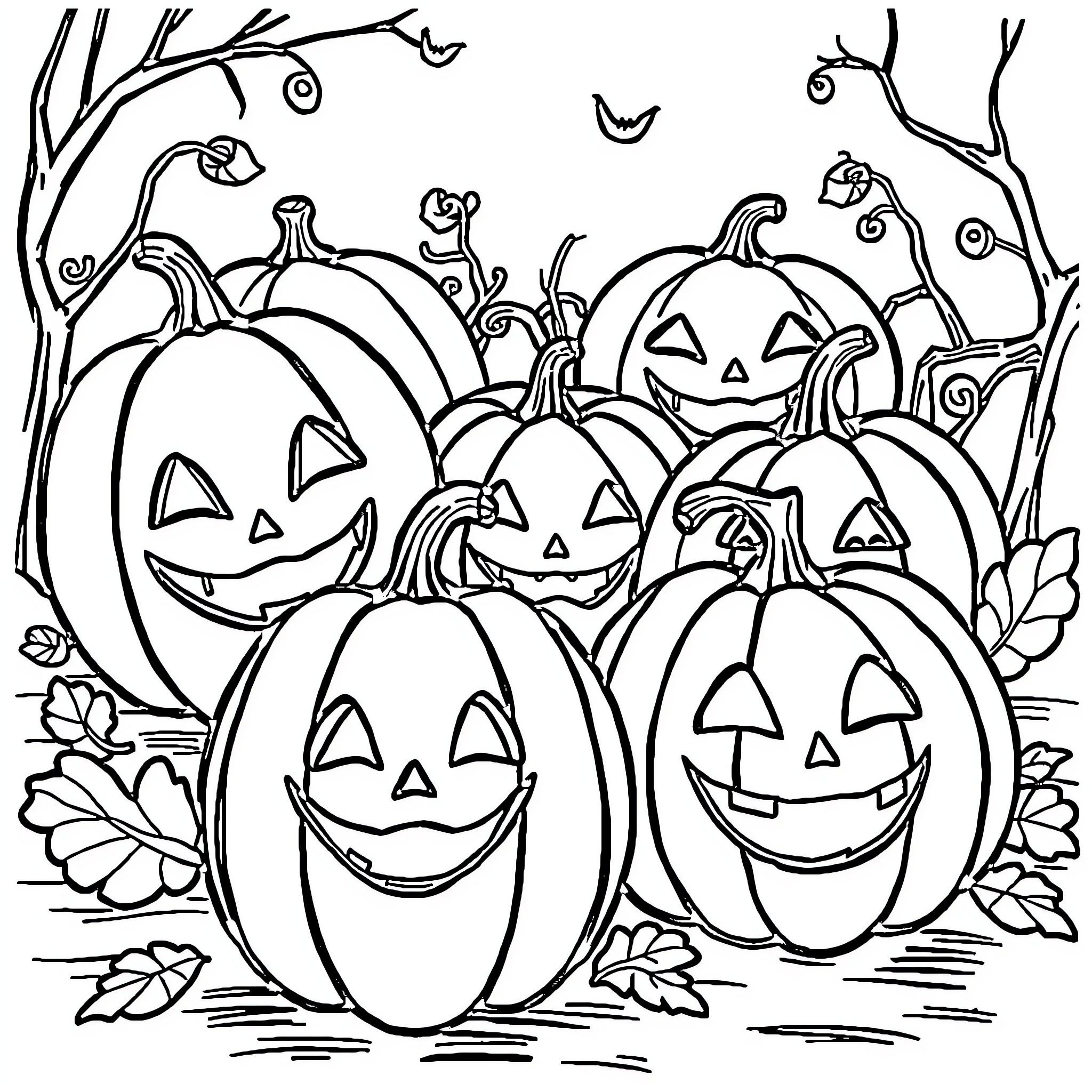 Pumpkins with Smiling Faces in Autumn Scene Coloring Page (free black-and-white line drawing printable PDF for all, from beginners to advanced learners, including children, teens, adults, and seniors)