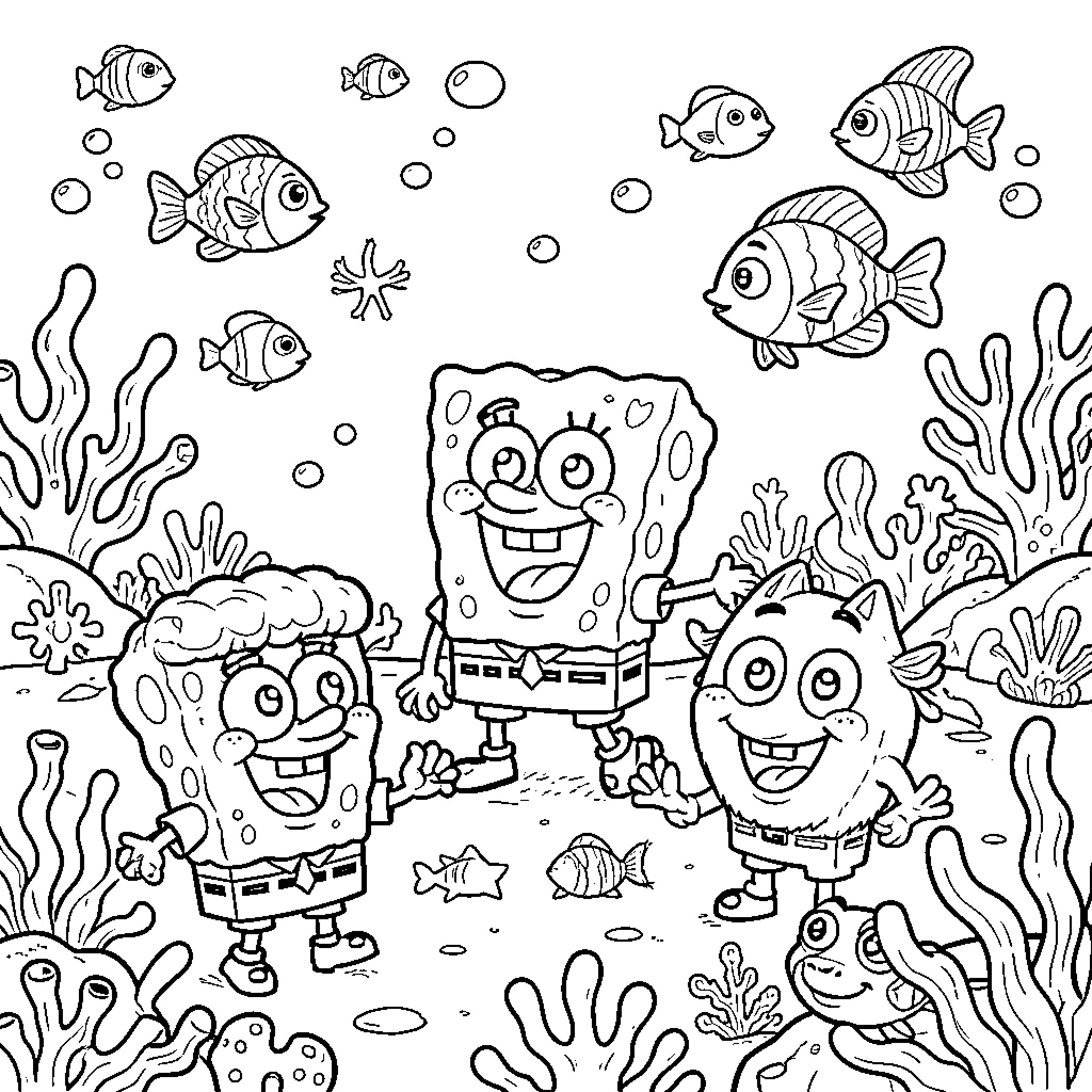 Bob esponja and friends smiling in an underwater scene Coloring Page (free black-and-white line drawing printable PDF for all, from beginners to advanced learners, including children, teens, adults, and seniors)