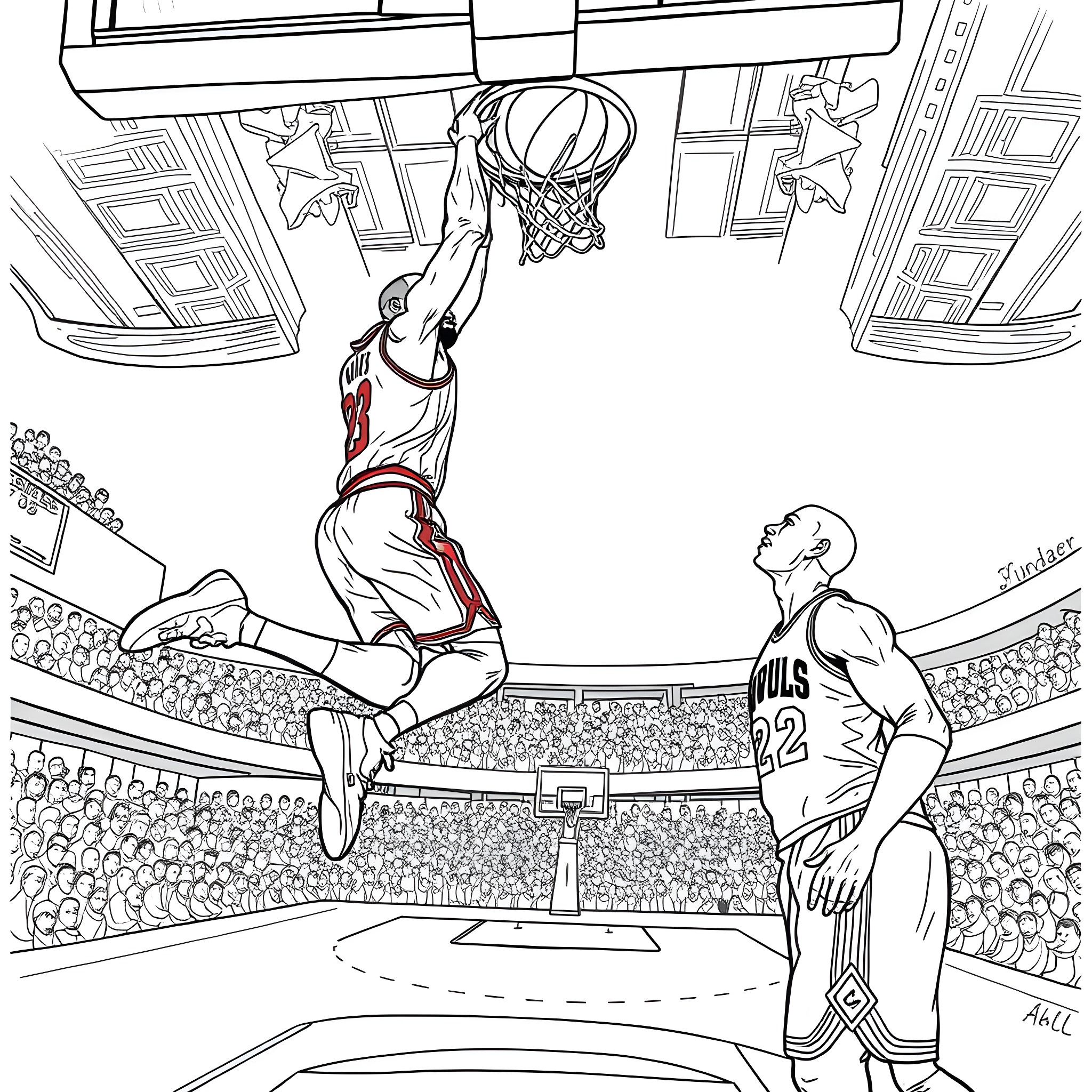LeBron James Dunking the Basketball in the Stadium Coloring Page (free black-and-white line drawing printable PDF for all, from beginners to advanced learners, including children, teens, adults, and seniors)