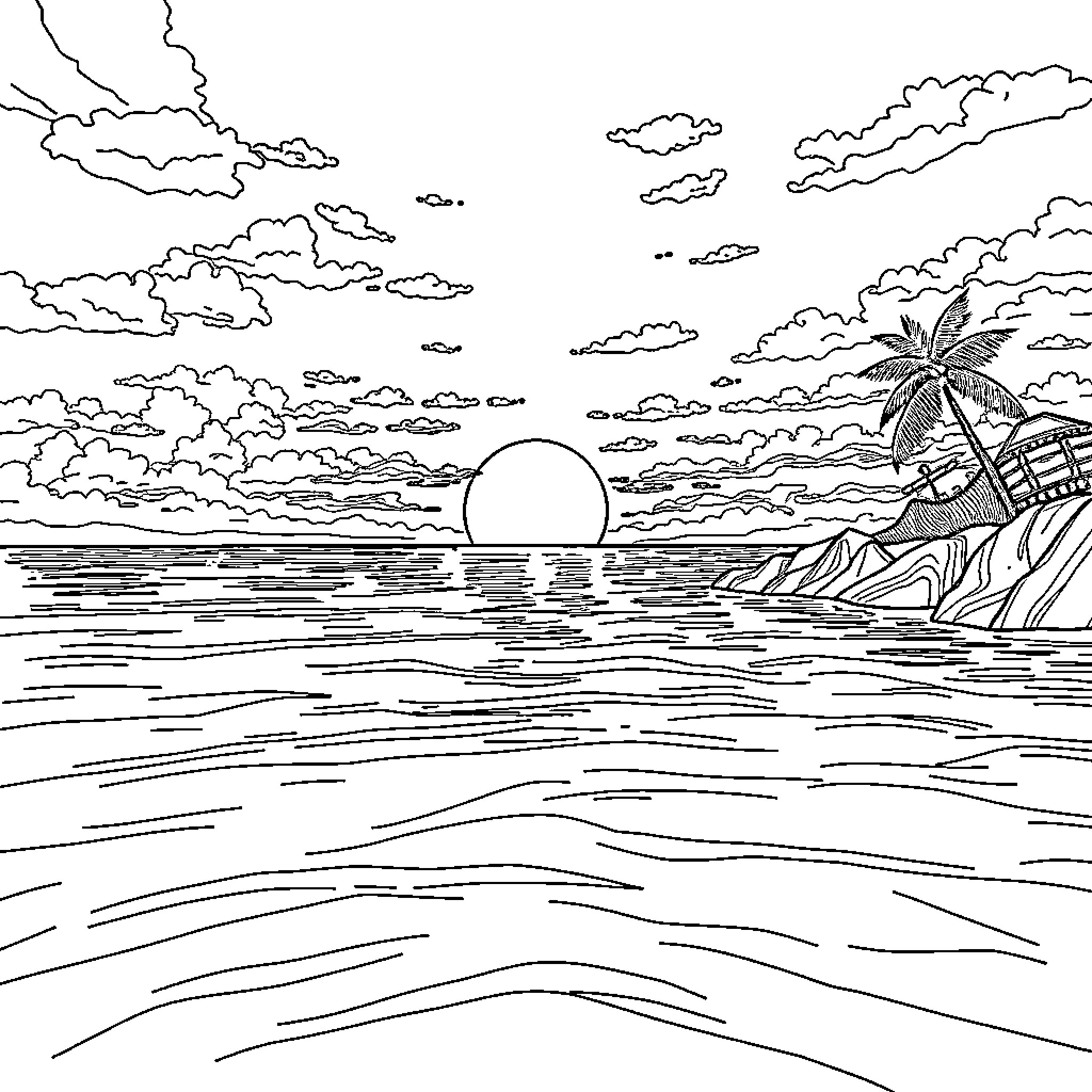 Sunset over the ocean with palm tree landscape Coloring Page (free black-and-white line drawing printable PDF for all, from beginners to advanced learners, including children, teens, adults, and seniors)