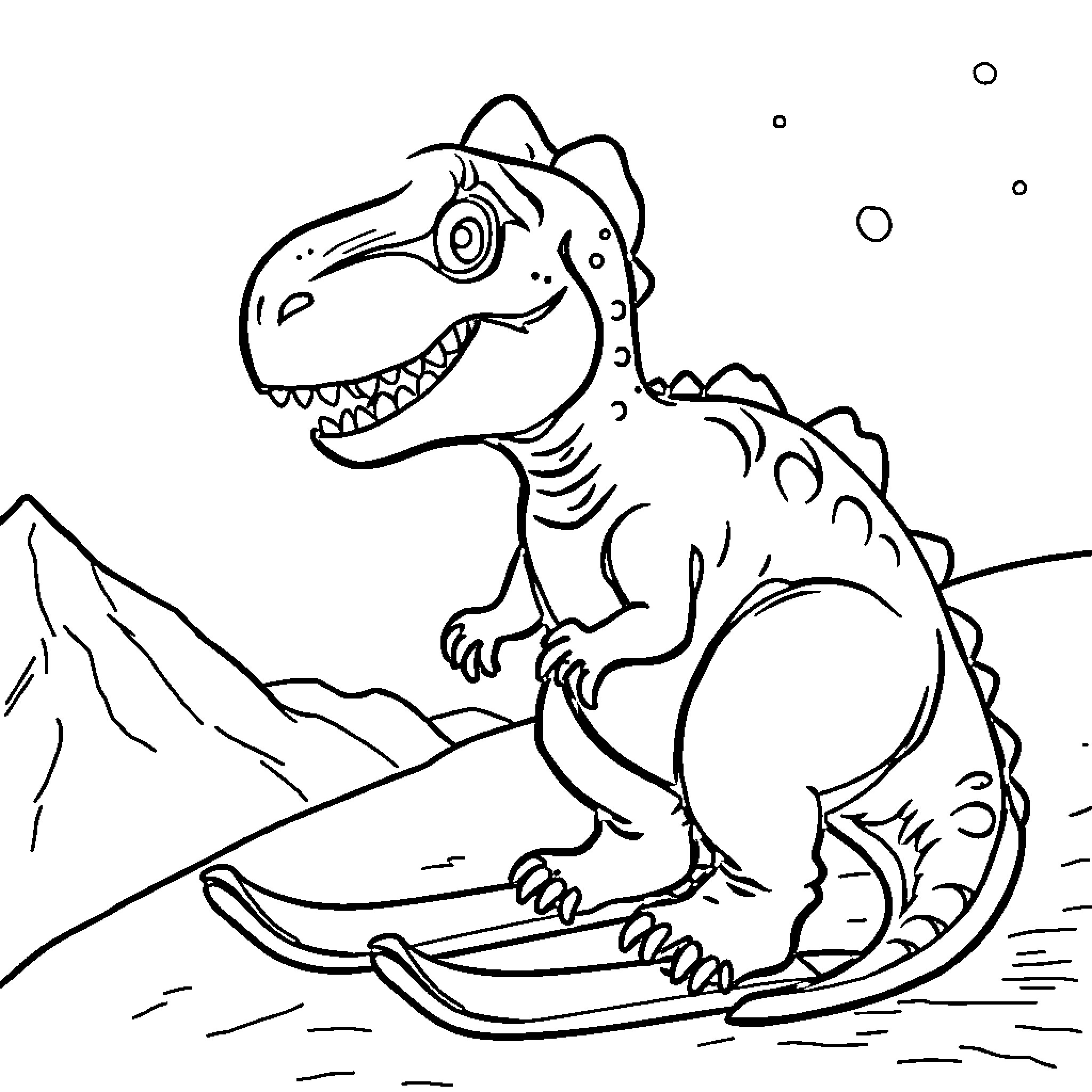 Baby Dinosaur riding on a sled through the snow Coloring Page (free black-and-white line drawing printable PDF for all, from beginners to advanced learners, including children, teens, adults, and seniors)