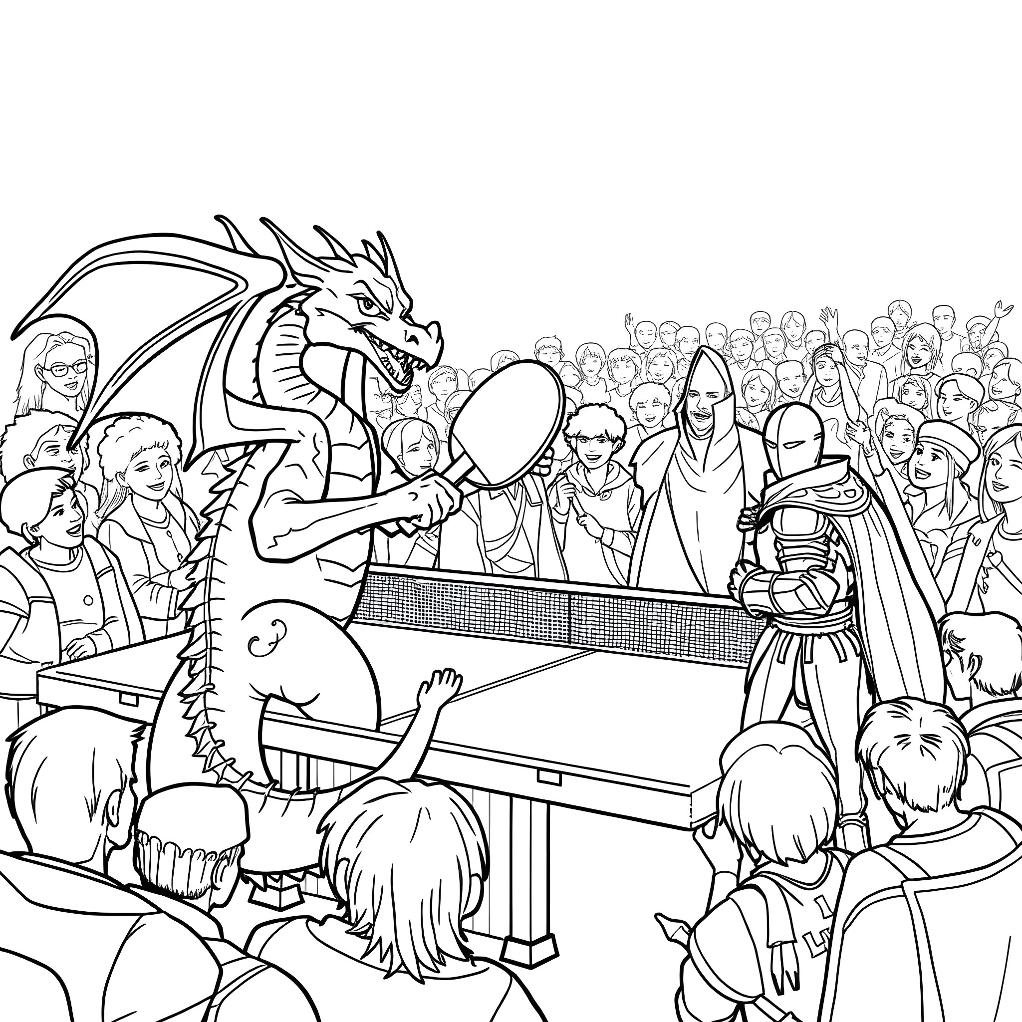 Dragon Performing Acrobatic Tricks for Cheering Crowd Coloring Page (free black-and-white line drawing printable PDF for all, from beginners to advanced learners, including children, teens, adults, and seniors)