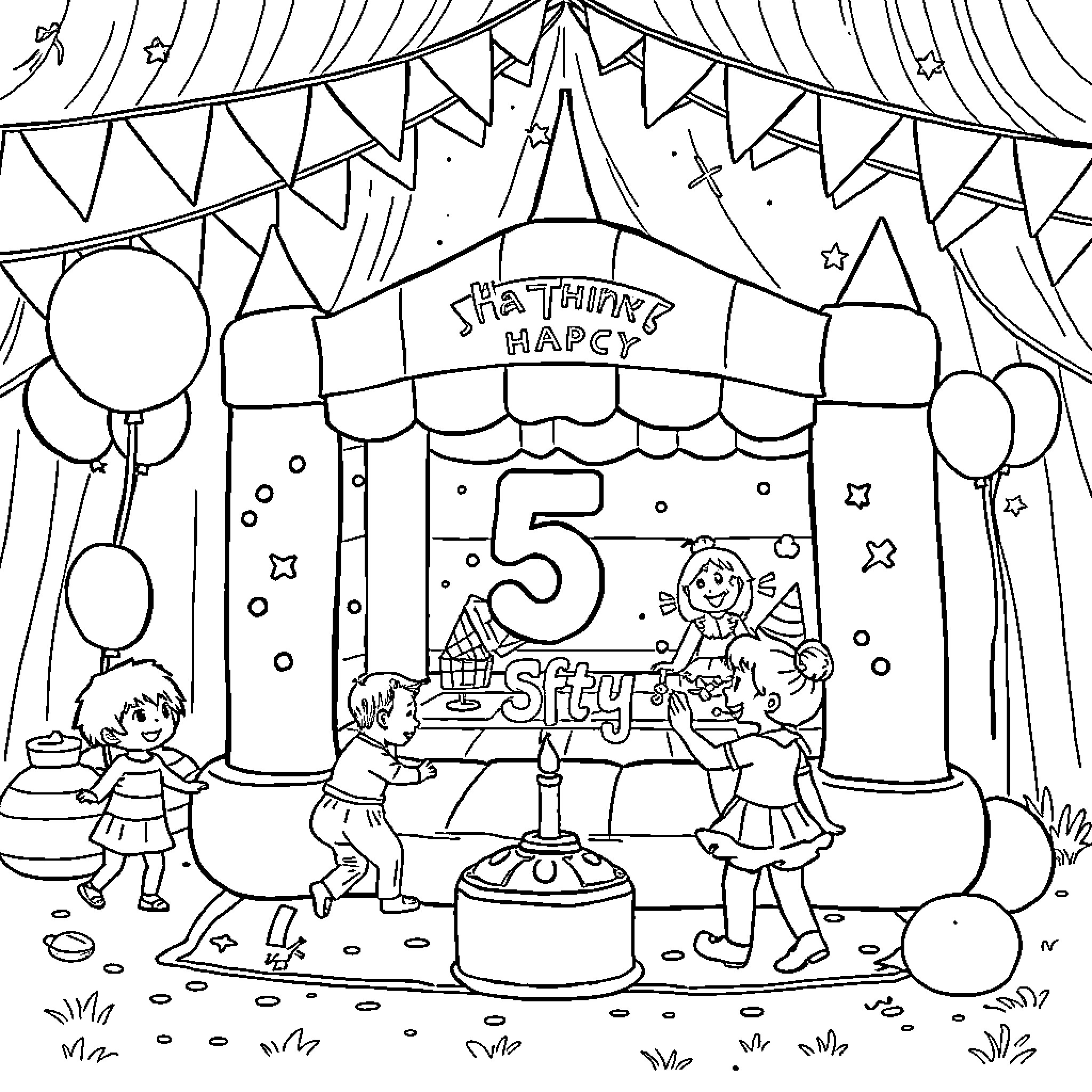 Birthday Celebration at the Happy Circus Coloring Page (free black-and-white line drawing printable PDF for all, from beginners to advanced learners, including children, teens, adults, and seniors)