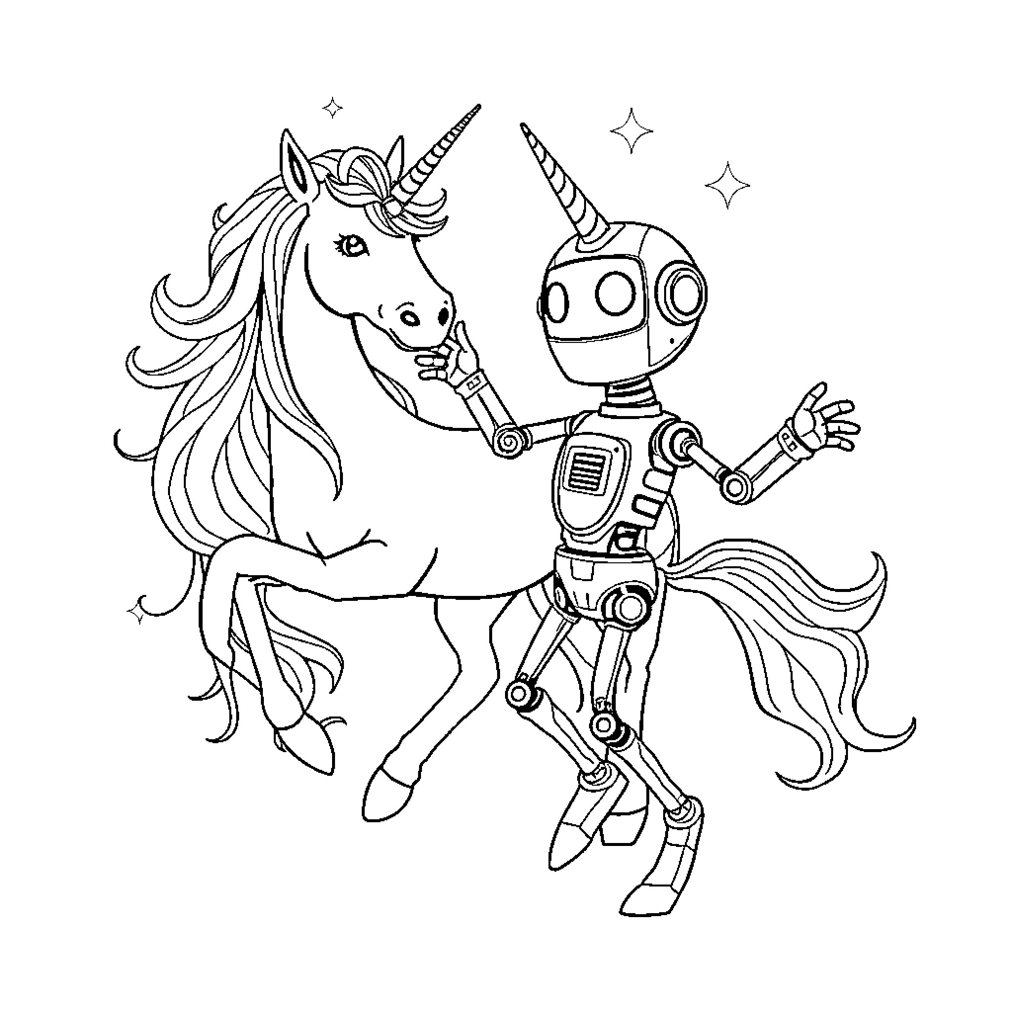 Robot Unicorn and Robotic Companion in Magical Scene Coloring Page (free black-and-white line drawing printable PDF for all, from beginners to advanced learners, including children, teens, adults, and seniors)