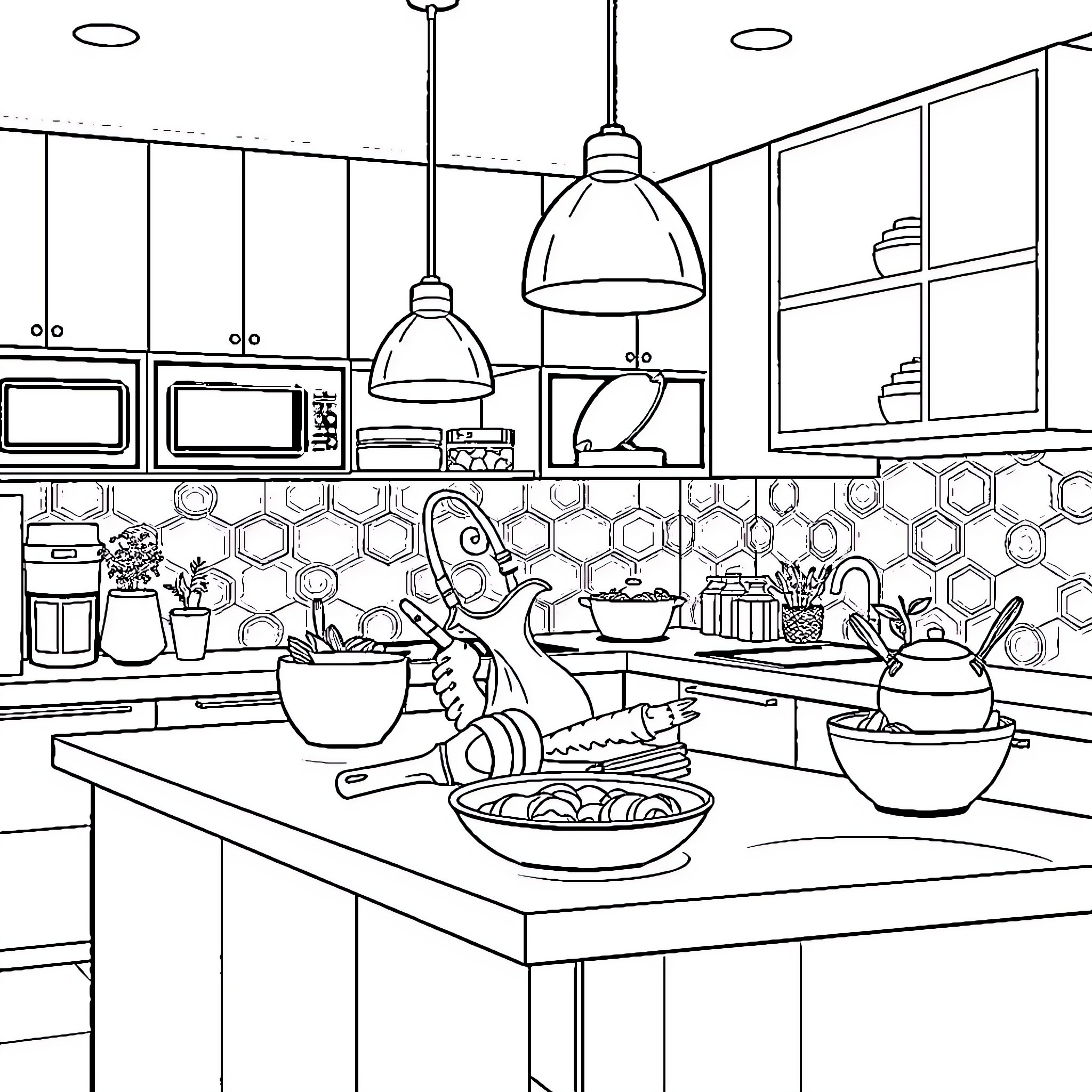 Cooking utensils and appliances in a modern kitchen Coloring Page (free black-and-white line drawing printable PDF for all, from beginners to advanced learners, including children, teens, adults, and seniors)