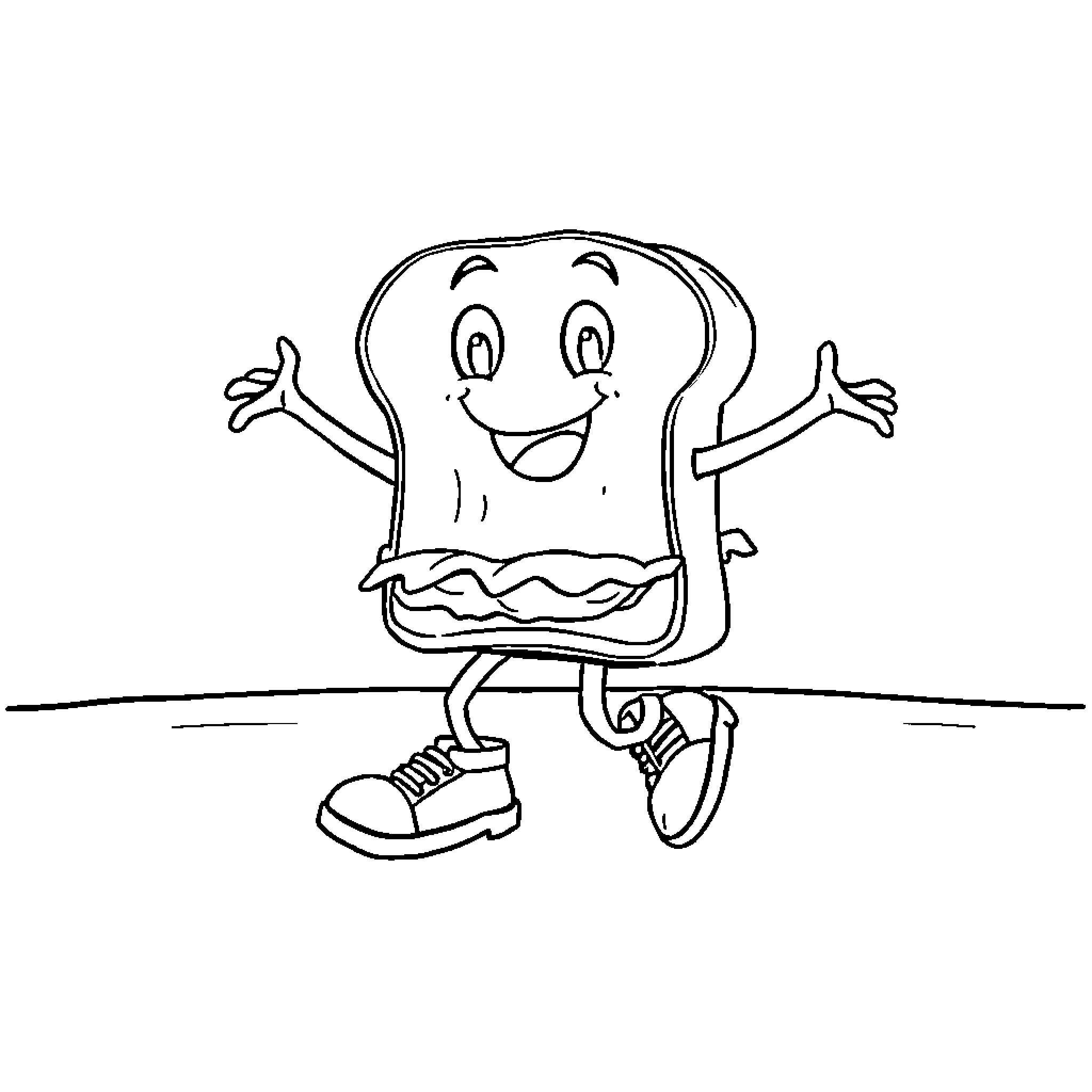 Sandwich character joyfully jumping up Coloring Page (free black-and-white line drawing printable PDF for all, from beginners to advanced learners, including children, teens, adults, and seniors)
