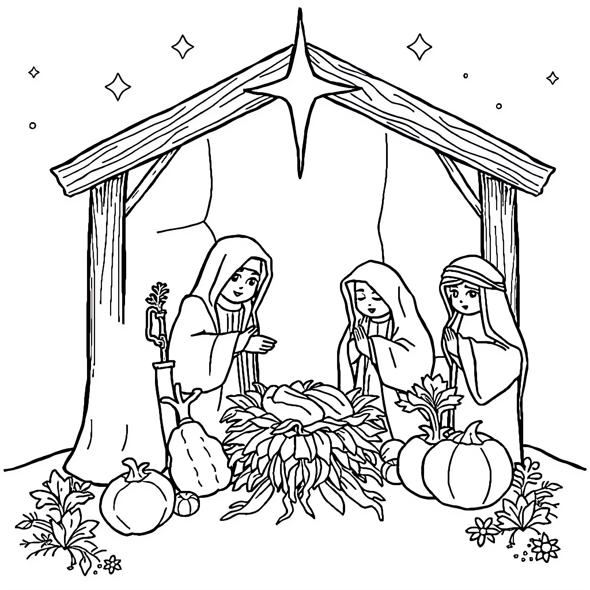 Nativity scene with figures and nativity elements Coloring Page (free black-and-white line drawing printable PDF for all, from beginners to advanced learners, including children, teens, adults, and seniors)