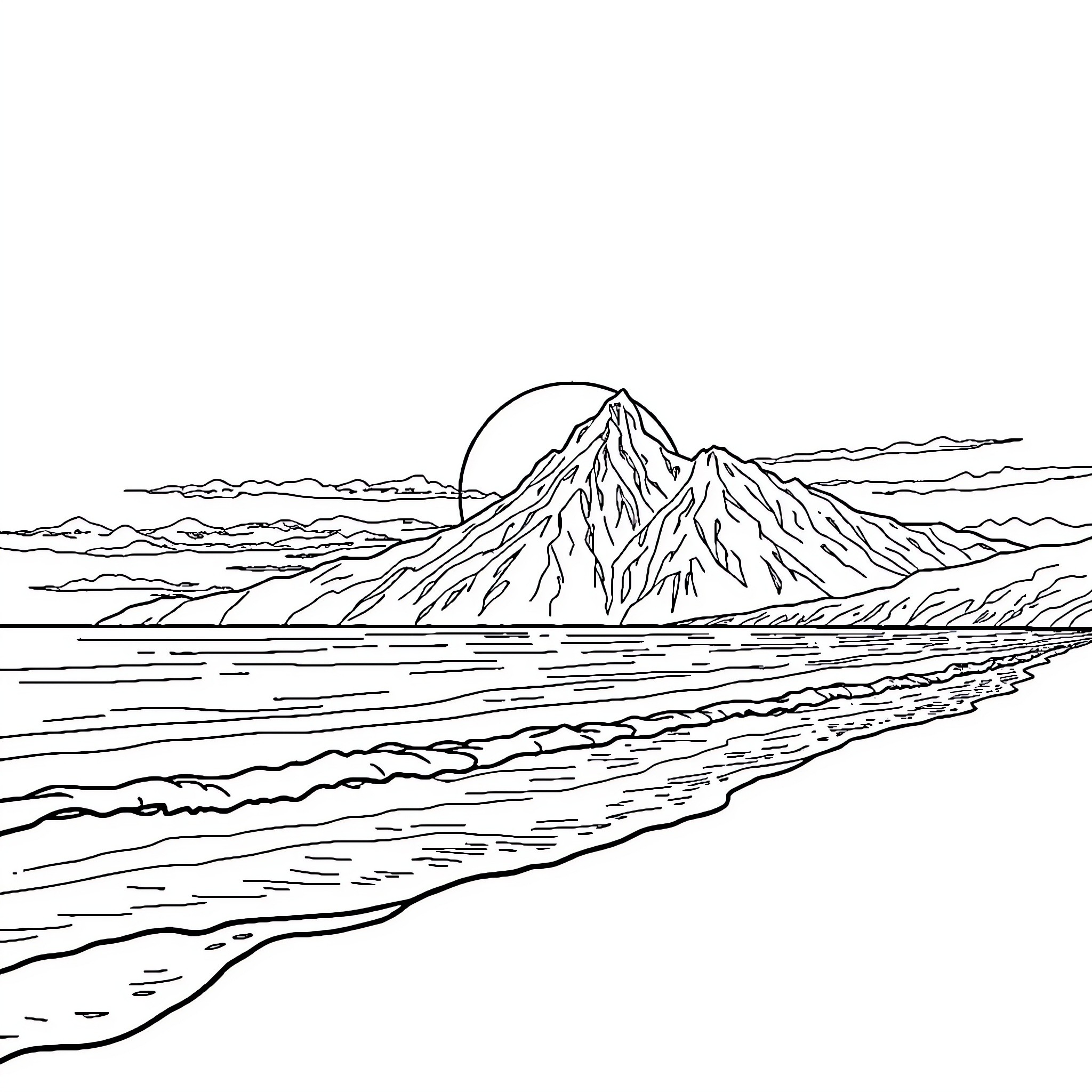 Mountain landscape with ocean shore Coloring Page (free black-and-white line drawing printable PDF for all, from beginners to advanced learners, including children, teens, adults, and seniors)