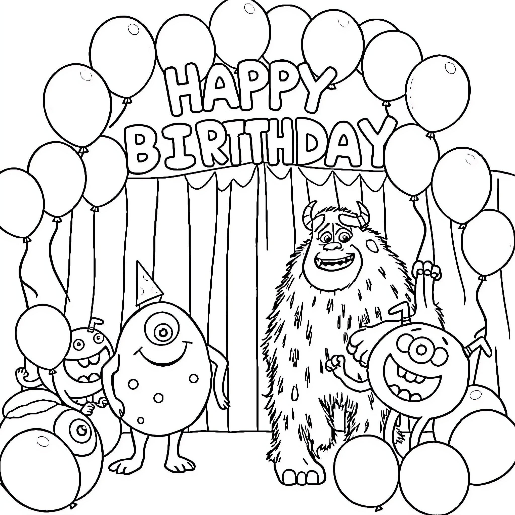 Monster party with cheerful creatures and balloons Coloring Page (free black-and-white line drawing printable PDF for all, from beginners to advanced learners, including children, teens, adults, and seniors)