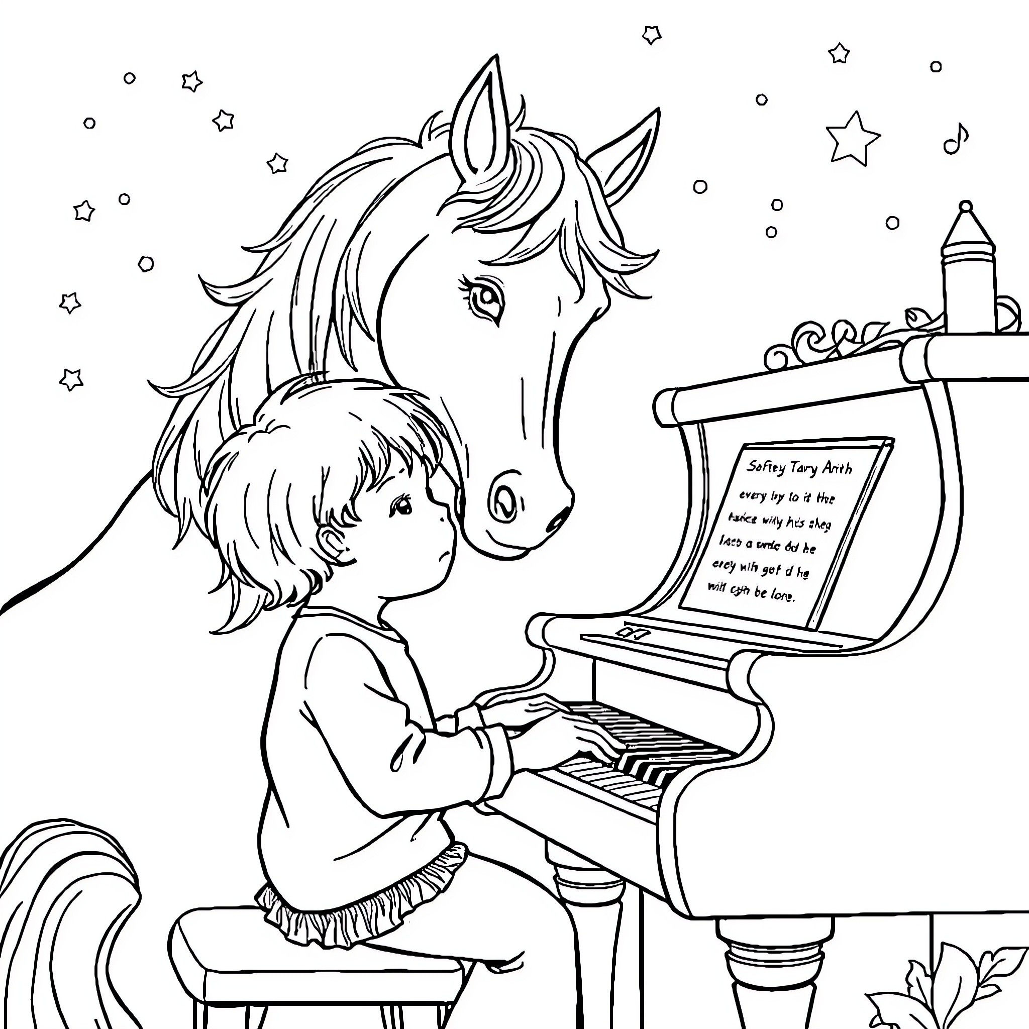 Horse and child playing piano under the stars Coloring Page (free black-and-white line drawing printable PDF for all, from beginners to advanced learners, including children, teens, adults, and seniors)