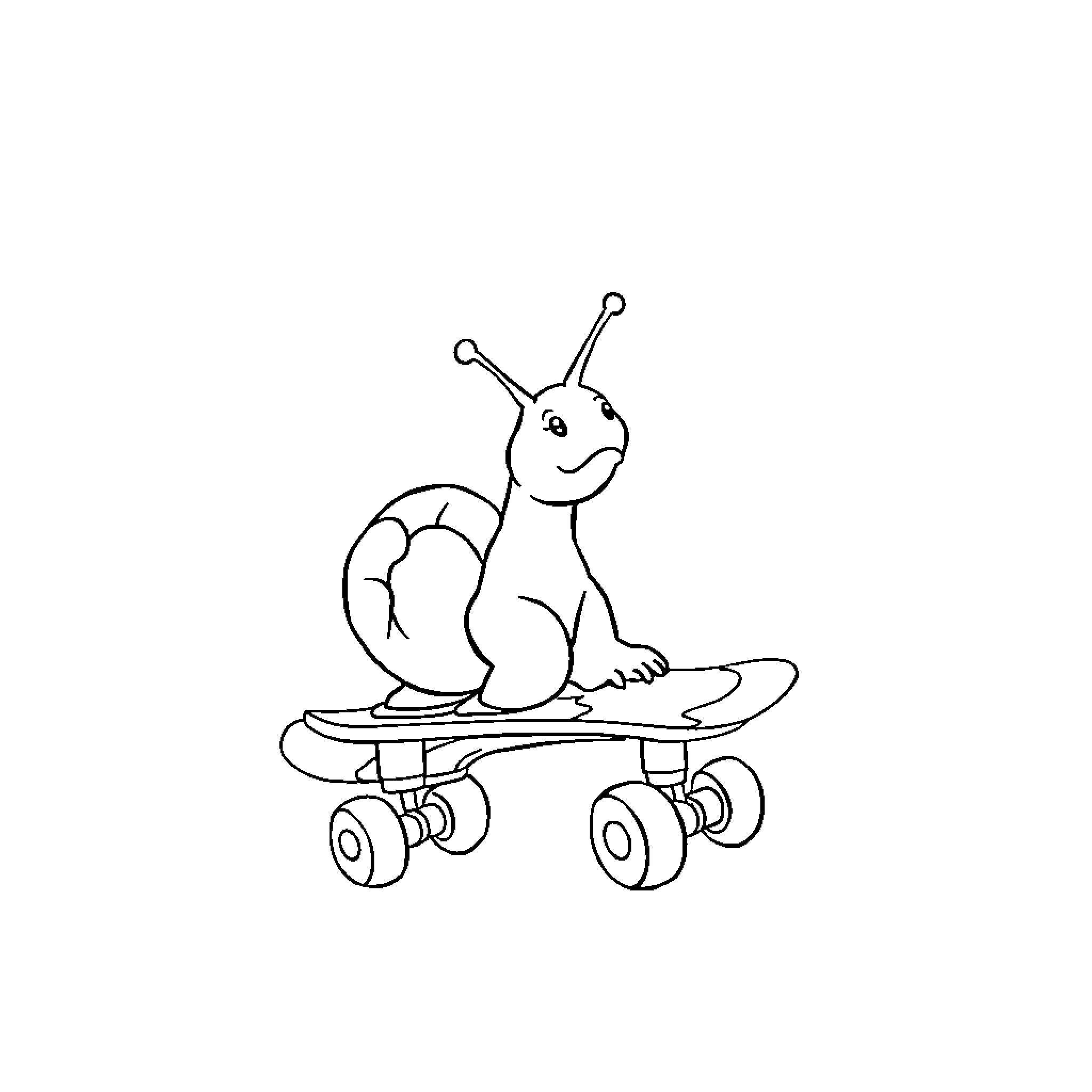 Snail skateboarding excitedly Coloring Page (free black-and-white line drawing printable PDF for all, from beginners to advanced learners, including children, teens, adults, and seniors)