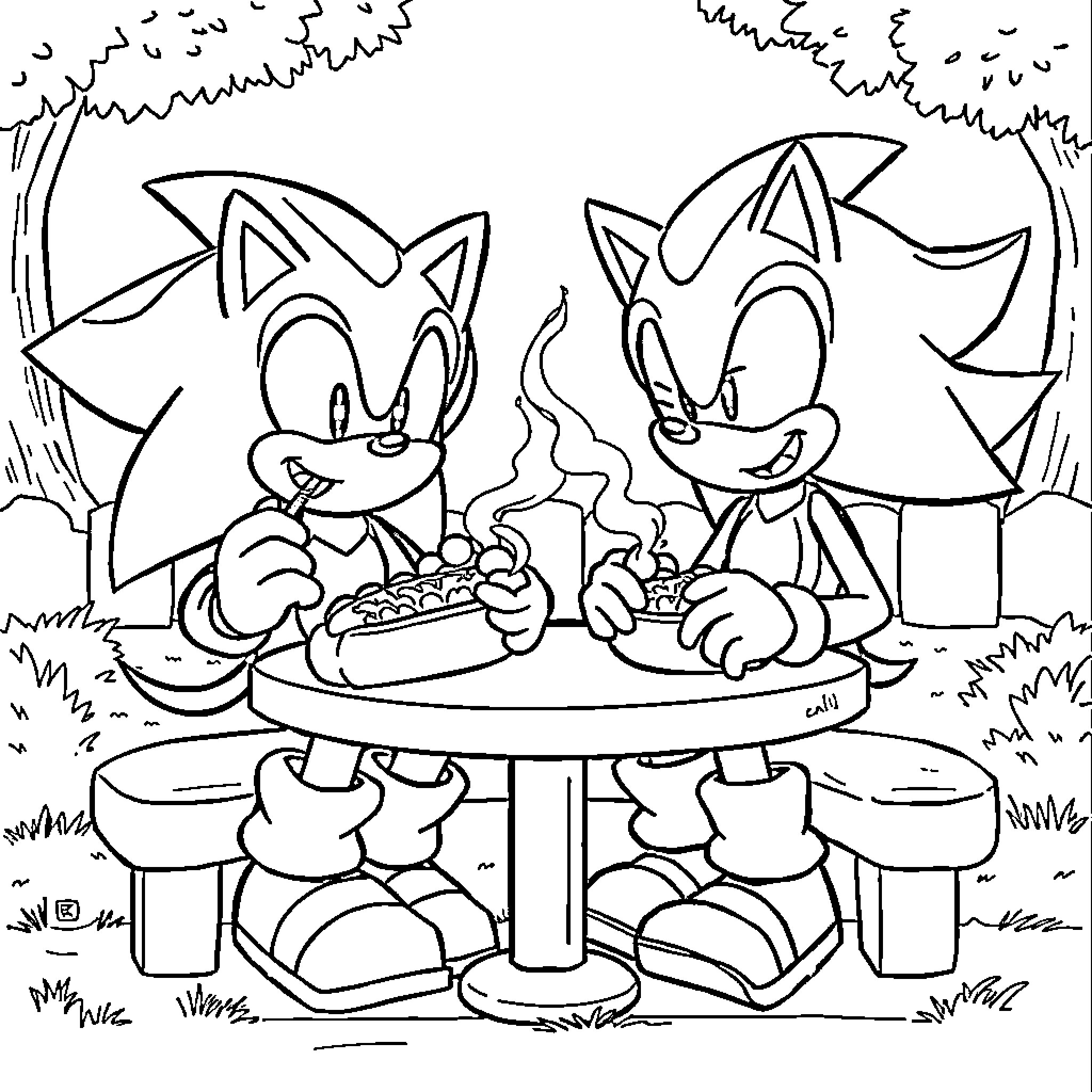 Sonic characters enjoying a picnic together Coloring Page (free black-and-white line drawing printable PDF for all, from beginners to advanced learners, including children, teens, adults, and seniors)