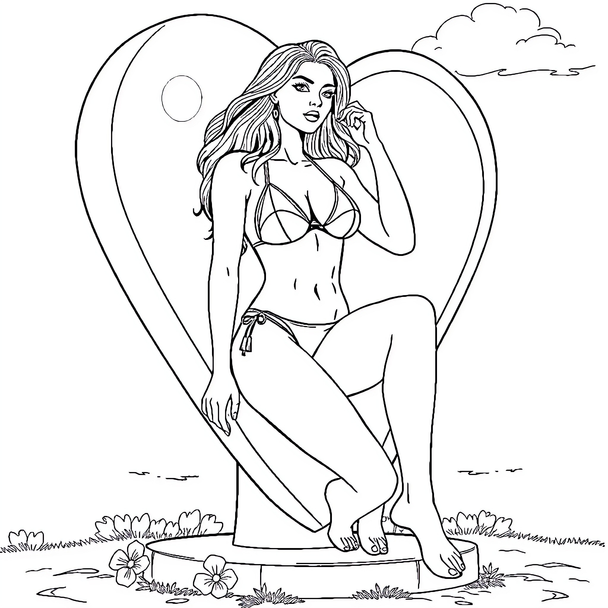 Woman posing confidently in a bikini on the beach Coloring Page (free black-and-white line drawing printable PDF for all, from beginners to advanced learners, including children, teens, adults, and seniors)