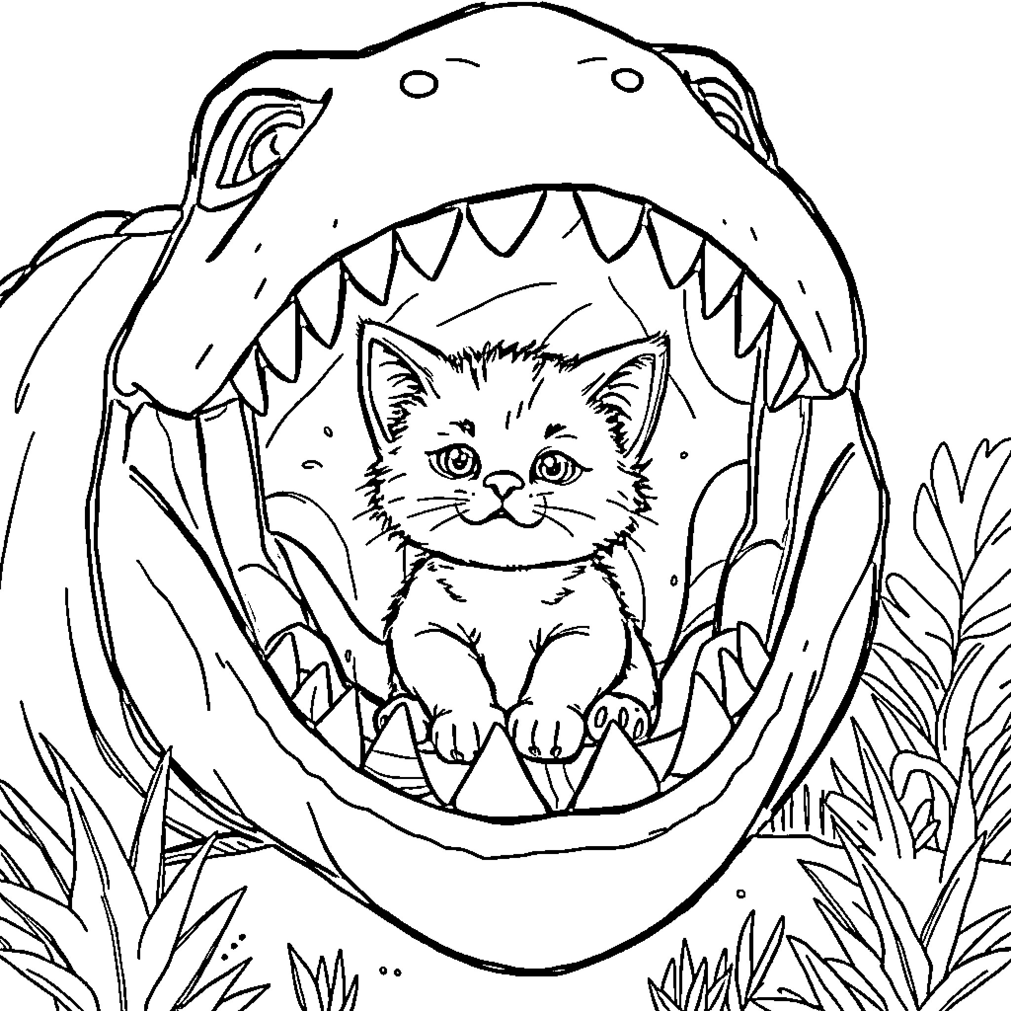 Kitten peeking out from dinosaur's mouth Coloring Page (free black-and-white line drawing printable PDF for all, from beginners to advanced learners, including children, teens, adults, and seniors)