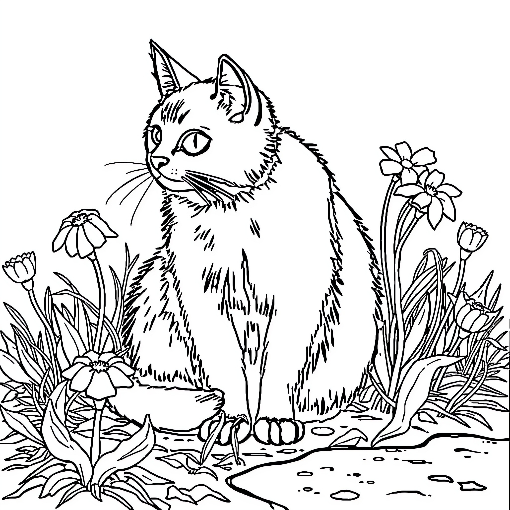 Cat among blooming flowers in natural scenery Coloring Page (free black-and-white line drawing printable PDF for all, from beginners to advanced learners, including children, teens, adults, and seniors)