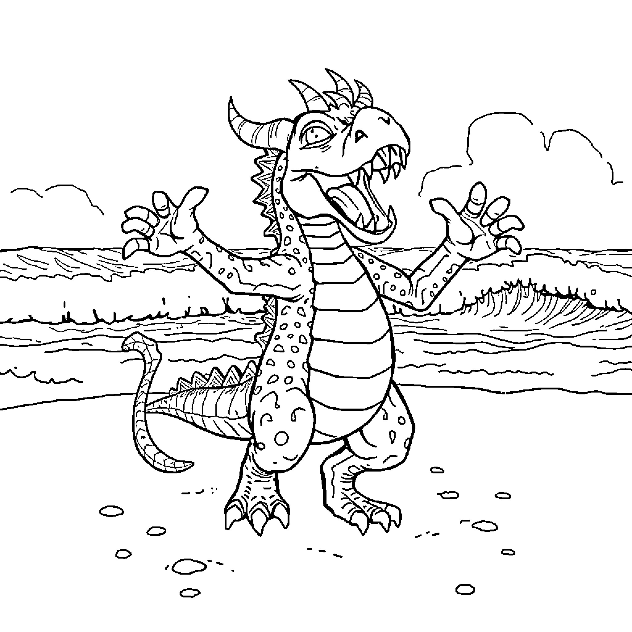 Demogorgon monster roaring by the ocean Coloring Page (free black-and-white line drawing printable PDF for all, from beginners to advanced learners, including children, teens, adults, and seniors)