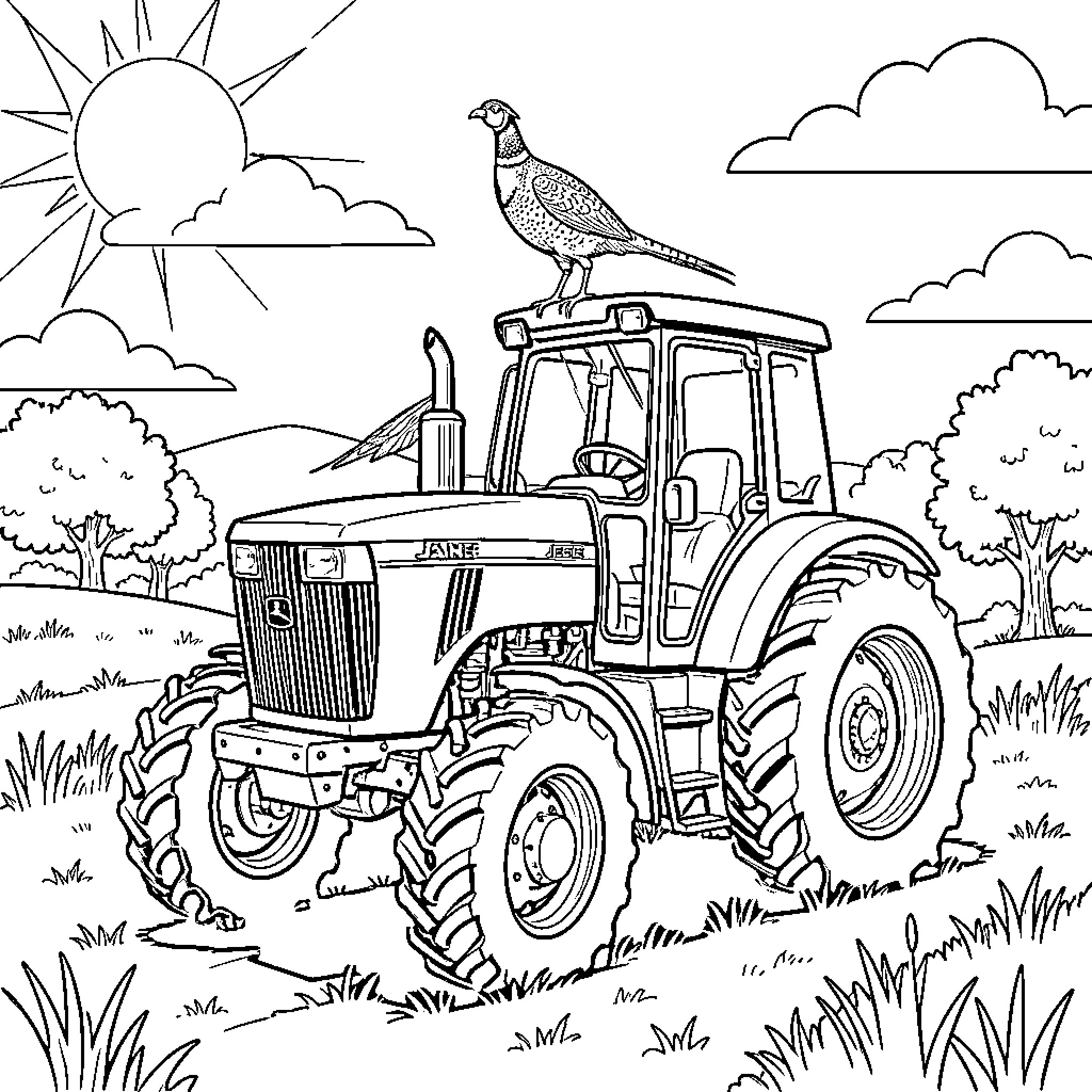 Pheasant standing proudly atop a farm tractor Coloring Page (free black-and-white line drawing printable PDF for all, from beginners to advanced learners, including children, teens, adults, and seniors)