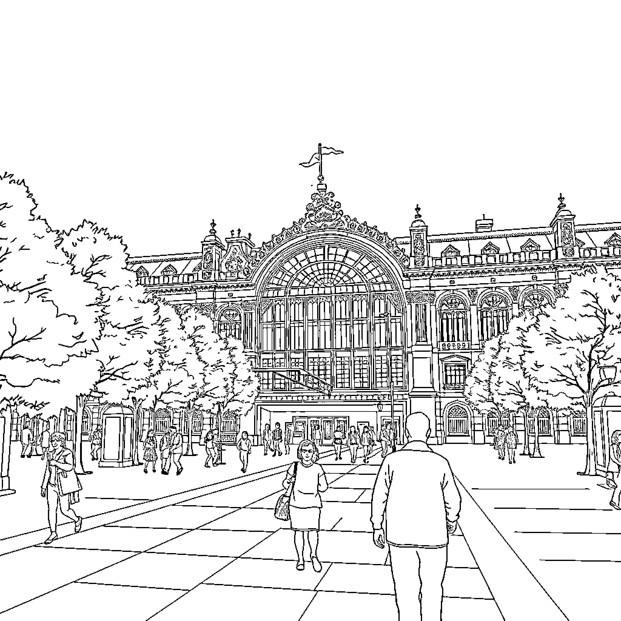 Atocha Station: Bustling metropolitan scene Coloring Page (free black-and-white line drawing printable PDF for all, from beginners to advanced learners, including children, teens, adults, and seniors)