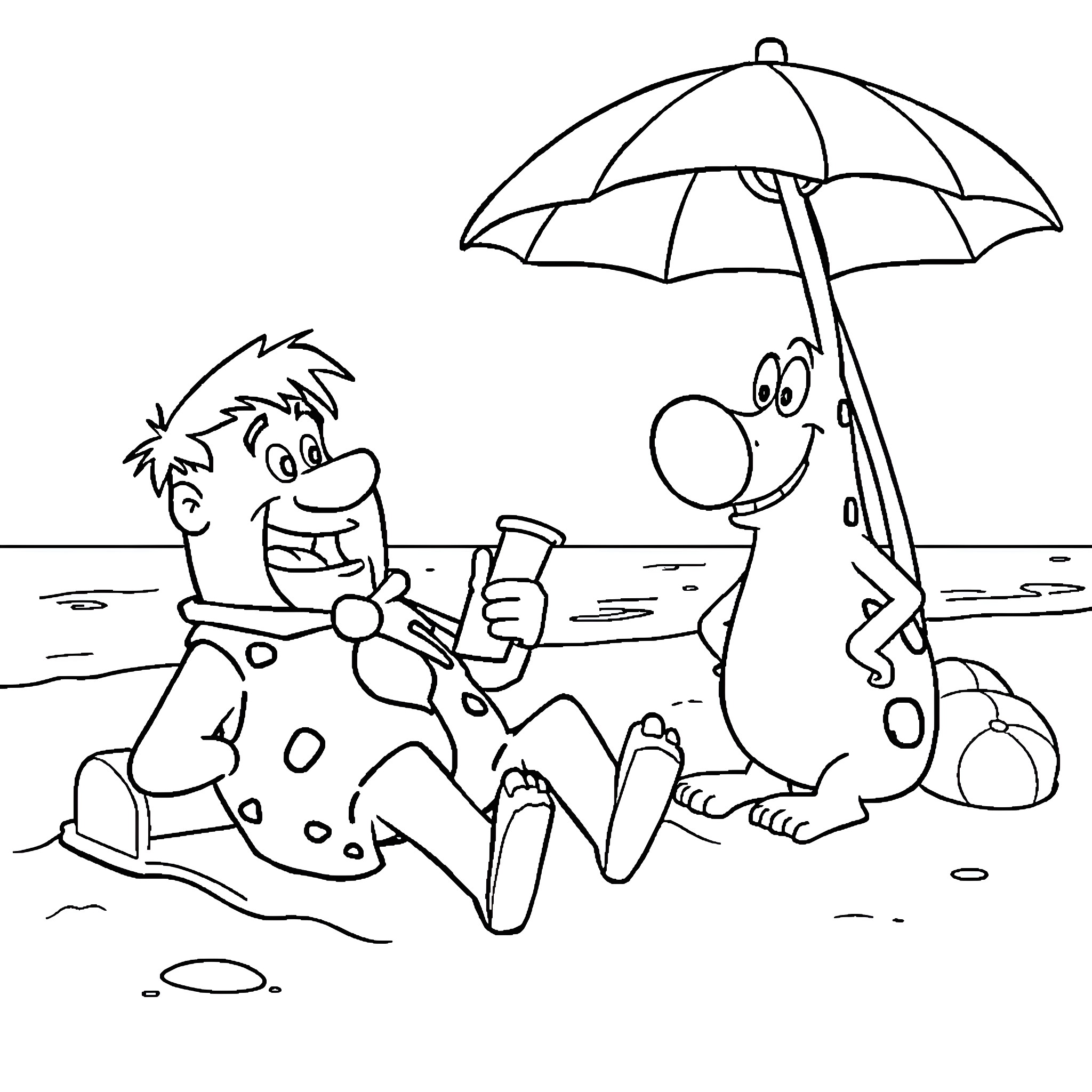 Fred Flintstone and Barney Rubble relaxing on the beach Coloring Page (free black-and-white line drawing printable PDF for all, from beginners to advanced learners, including children, teens, adults, and seniors)