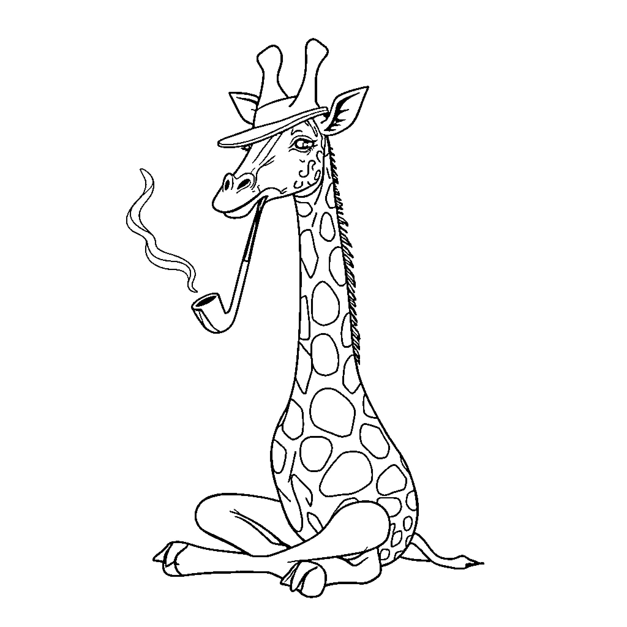 Giraffe Smoking Pipe in Contemplation Coloring Page (free black-and-white line drawing printable PDF for all, from beginners to advanced learners, including children, teens, adults, and seniors)